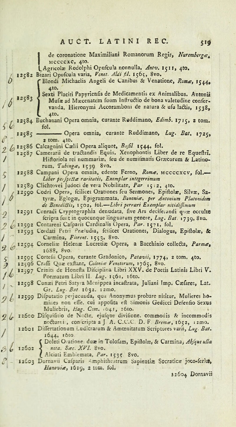 5*$ 12582 12583 12584 12585 12586 12587 iU e - Z b / 5 *2588 / ;/ 2 zl* J ~ 2 iP 5 D ji I - 9 l> 2L- / 6.1 12589 12590 12591 12592 12593 12594 ,2S95 12596 12597 12598 12599 126:0 12601 12602 12603 Ide coronatione Maximiliani Romanorum Regis, Nuremberg#t mccccxc, 4to. LA gricols Rodolphi Opufcula nonnulla, Ant>v. 1511, 4to. Bizari Opufcula varia, Venet- Aide fil. 1565, 8vo. 'Blondi Michaelis Angeli de Canibus & Venatione, Roma, 1544, 4to. Sexti Placid Papyrienfis de Medicamends ex Animalibus. Antonii Mufs ad Mscenatem fuum Inftrudlio de bona valetudine confer- vanda. Hieronymi Accorambom de natura & ufu ladtis, 1538, 4to. Buchanani Opera omnia, curante Ruddimano, Edimb. 1715, 2 tom. fol. . Opera omnia, curante Ruddimano, Lug. Bat, 1725, 2 tom. 4to. Calcagnini Caelii Opera aliquot, Bajil 1544, fol. Camerarii de traftandis Equis. Xenophontis Liber de re EqueftrL Hiftoriola rei nummaris, feu de numifmatis Graecorum & Latino- rum, Tubing#, 1539 8vo. Campani Opera omnia, edente Ferno, Roma, mccccxcv, fol,—> Liber pe,fpe3a raritatis, Exemplar integerrimum Clichtovei Juaoci de vera Nobilitate, Par 15:2, 4to. Codri Opera, fcilicet Orationes feu Sermones, Epiftols, Silva;, Sa- tyrs, Eglogs, Epigrammata, Bononia, per Antonium Platcnidem de BenediQis, 1502, fol.—Libri perrari Exemplar nitidijjimum Conradi Lryptographia denudata, five Ars decifeiandi qus occulte fcripta fui t in quocunque linguarum genere, Lug. Bat 1739, 8vo. Contareni Cafparis Cardinalis Opera, Par. 1571, fol, Coidati Petri prie'udia, fcilicet Orationes, Dialogus, Epiftols, Sc Carmina, Fiorent. 1553, 8vo. Cornelis Helens Lucreds Opera, a Bacchinio collegia, Parma% 1688, 8vo. Cortefn Opera, curante Gradonico, Patavii, 1774, z tom. 4to. Crdffi Qus exftant, Co/onia Venetorum, 1765, 8vo. Crinici de Honefta Difciplina Libri XXV. de Poetis Latinis Libri V, Poematum Libri II Lug. 1561, i6to. Cunsi Petri Saty^a Menippea incaftrata, Juliani Imp. Csfares, Lat. Gr. Lug- Bat 1632, izmo. Difputado pe'jucunda, qua Anonymus probare nititur, Mulieres ho- mines non effe. cui appofita eft trimonis Gedicci Defenfio Sexus Muliebris, Hag. Com. 1O41, :6to. Difcuifitio de N. fte. cjufqne divifione. commodis & incommodis Dcfturr.i , con cripta a J A. C.C.C. D. F Brema, 1652, 1 2mo. Differtationum Lcdicrarum & Amcenitatum Scriptures varii, Lug- Bat. 1644, iftto f Doleti O atione dus in Tolofam, Epiftols, & Carmina, Abfqueutla < nota. Sac. XVI. 8vo. £ Alciati Emblemata, Par. 1535 8vo. Dornavii Cafparis - mphithtatrum Sapientis Socratics joco-fer?3, Uanavia, 1619, 2 tom. fol, *2604 Dornavii