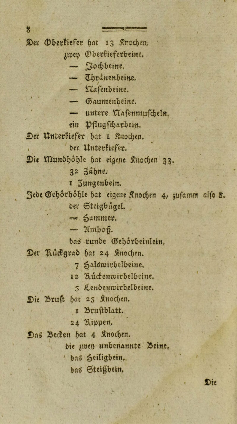 Der (DberÜefcr bat 13 Ärod^etr* jtrep (Dbetkteferbeinc. — ^Jochbeine. — <Ebt*nenbeine. — £Tafenbeine. — (Baumenbcine. — untere ftafenmtrfdjeln. ein ppugfcbrtrbem. Der Unterkiefer bat 1 Soeben. , bcr Unterkiefer. Die Uhmbljoble b«t eigene Änoeben 33. 32 o*bne. 1 aungenbein. £jebe ©eborboble bat eigene flnocben 4, jufantm mfo & bec Steigbügel. -w» 6*w«ter. — 2(mbo§. ba3 tunbe <35ebörbei?ilein. Deu ftucfgrab bat 24 Knochen. 7 ^alöroirbelbeine. 12 Uucbemrirbelbcine. 5 &enbetm>itbelbeine. Die 2>ruft bat 25 Knochen. 1 Bruftblatt. 24 Uippen. Da£ decken bflt 4 ß'norfjen. bie jtret) unbenannte Xeine. ' brtö ^eiligbein, • ba$ Steißbein. Dte