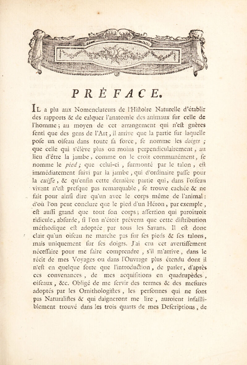 PRÉ FACE. ÏL a plu aux Nomenclateurs de l’Hiftoire Naturelle d'établir des rapports & de calquer l’anatomie des animaux fur celle de l’homme ; au moyen de cet arrangement qui n’eft guères fenti que des gens de l’Art, il arrive que la partie fur laquelle pofe un oifeau dans toute la force 5 fe nomme les doigts ; que celle qui s’élève plus ou moins perpendiculairement 9 au lieu d’être la jambe, comme on le croit communément? fe nomme le pied ; que celui-ci , furmonté par le talon , eft immédiatement fuivi par la jambe , qui d’ordinaire paife pour la cuijje , &c qu’enfin cette dernière partie qui, dans l’oifeau vivant n’eft prefque pas remarquable , fe trouve cachée & ne fait pour ainfi dire qu’un avec le corps même de l’animal : d’où l’on peut conclure que le pied d’un Héron , par exemple , eft auftî grand que tout fou corps ; aflertion qui paroîtroit ridicule, abfurde, fi Ton n’étoit prévenu que cette diftribution méthodique eft adoptée par tous les Savans. il eft donc clair qu’un oifeau ne marche pas fur fes pieds & fes talons , mais uniquement fur fes doigts. J’ai cru cet avertiffement néceffaire pour me faire comprendre , s’il m’arrive , dans le récit de mes Voyages ou dans l’Ouvrage plus étendu dont il n’eft en quelque forte que l’introduftion de parler, d’après ces convenances , de mes acquittions en quadrupèdes , oifeaux, êcc. Obligé de me fervir des termes & des mefures adoptés par les Ornithologiftcs , les perfonnes qui ne font pas Naturaliftes <Sc qui daigneront me lire , auraient Infailli- blement trouvé dans les trois quarts de mes Defcriptiêos, de