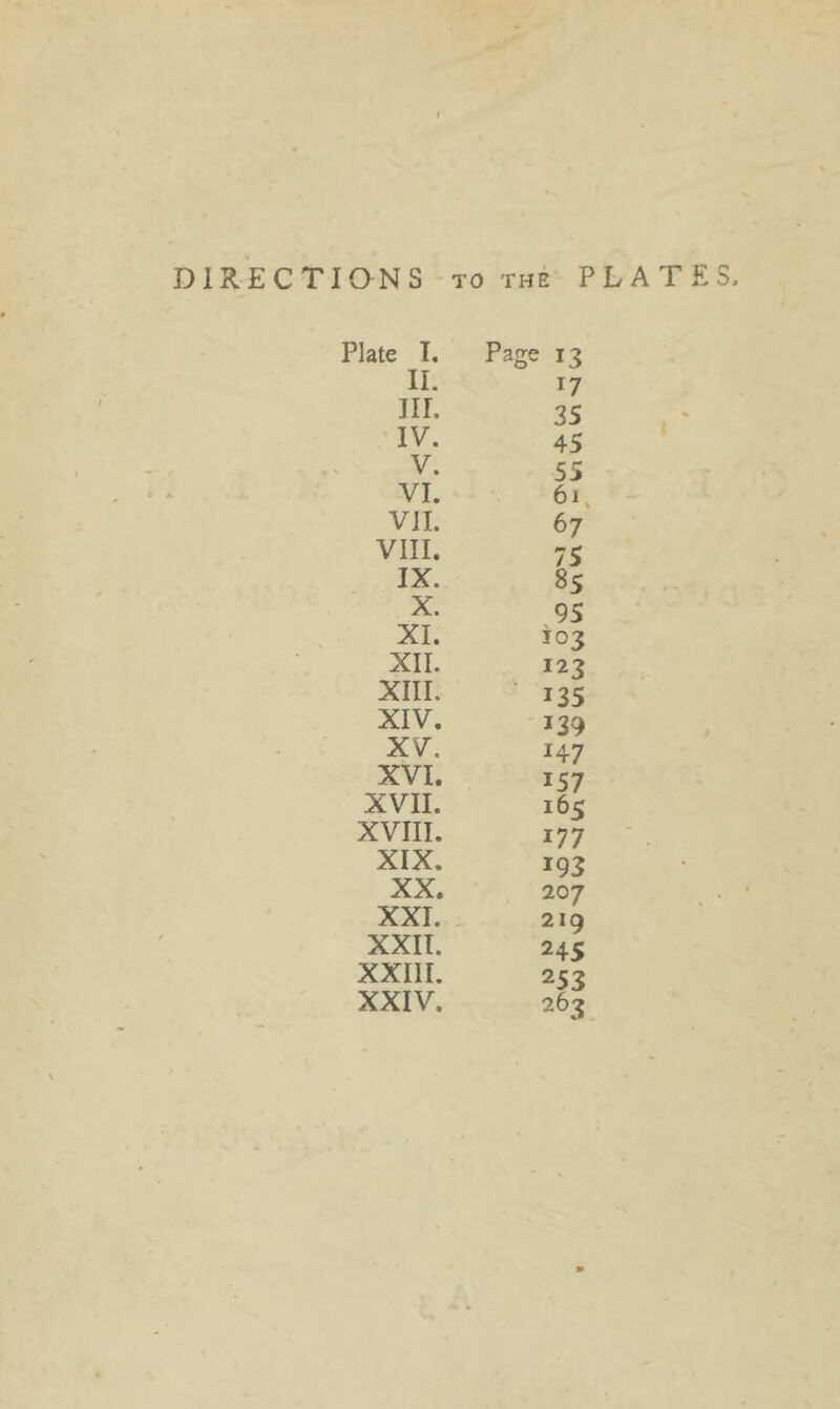 DIRECTIONS TO THE PLATES, Plate I. Page 13 II. 17 III. 35 IV. 45 V. 55 VI. 61 VII. 67 VIII. 75 IX. 85 X. 95 XI. 103 xir. 123 xiir. 135 XIV. 139 XV. 147 XVI. 157 XVII. 165 XVIII. 177 XIX. 193 XX. 207 XXL 219 XXII. 24s xxni. 253 XXIV. 263 0