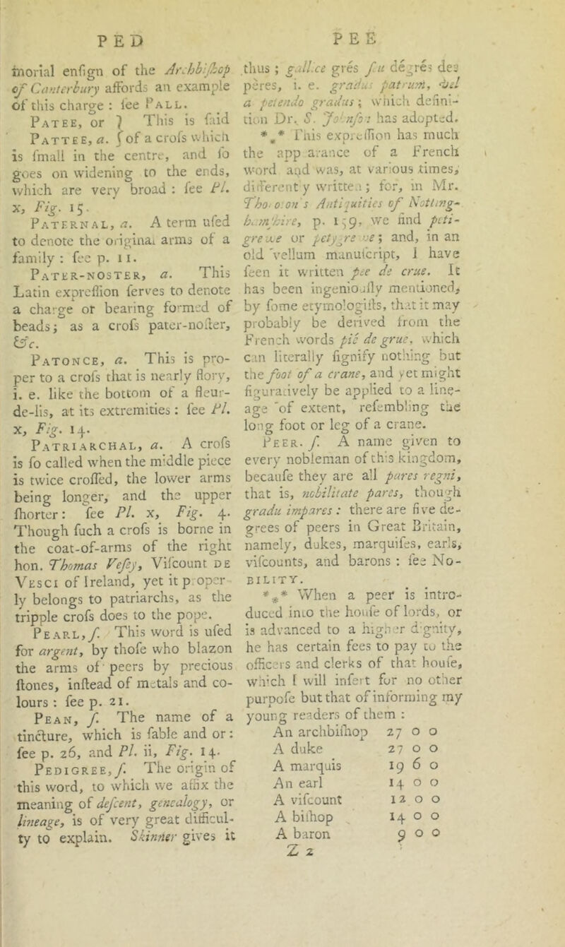 inorial enfign of the At\hhijhcp of Canterbury affords an example of this charge : lee Pall. Pat EE, or 7 This is faid Pattee, i?. lof acrofsvvhicti is fmall in the centre, and fo goes on widening to the ends, which are very broad ; fee tl. X, %. 15. Paternal, A term ufed to denote the original arms of a family : fee p. 11. Pater-noster, a. This Latin expreflion ferves to denote a charge or bearing fo-med of beads; as a crofs pater-noder, l3c. Patonce, a. This is pro- per to a crofs tliat is nearly flory, i. e. like the bottom of a fleur- de-lis, at its extremities: fee Cl. X, Ftg. ip. Patriarchal, a. A crols is fo called when the middle piece is twice crofled, the lower arms being longer, and the upper fhortcr: fee PI. x. Fig. 4. Though fuch a crofs is borne in the coat-of-arms of the right hon. Thomas Vefej, Vifeount de Vesci of Ireland, yet it p oper ly belongs to patriarchs, as the tripple crofs does to the pope. Pearl,/. This word is ufed for argent, by thofe who blazon the arms of ■ peers by precious ftones, inftead of metals and co- lours : fee p. 21. Pean, f. The name of a tinedure, which is fable and or: fee p. 26, and Pi. ii. Fig. 14. Pedigree,/. The origin of this word, to which we affix the meaning of defeent, genealogy, or lineage, is of very great difficul- ty to explain. Skinner gives it thus ; gall.ee gres fit degres des peres, i. e. gr.'idus patruni, did a peienJa graiius ; wiiich delini- tinn Dr. S. Joinfo: has adopted. Pais exprciTion has much the app arance of a French word ai)d was, at various times, different y written ; for, in Mr. Tho o on s Antijuities of Nottmg- h. mjkire, p. 1,9, we nnd piti- grevee or pctjgre ’ie’, and, in an old 'vellum manul’cript, 1 have feen it written pee de crue. It has been ingeniojlly mentioned, by fome etymo’ogiils, th.it it may probably be deiived from the French words pic de grue. which cm literally fignify nothing but the foot of a crane, and yet might figuratively be applied to a line- age 'of extent, refembling the long foot or leg of a crane. Peer./ A name given to every nobleman of thfs kingdom, becanfe they are all pares regni, that is, ?icbilitate pares, though gradu impares : there are five de- grees of peers in Great Britain, namely, dukes, marquifes, earls^ vifeounts, and barons: fee No- bility. When a peer is intro- duced into the houfe of lords, or is advanced to a higher d-gnity, he has certain fee.s to pay tu the officers and clerks of that houfe, which 1 will infert fur no other purpofe but that of informing ray young readers of them : An archbiiliop 27 0 0 A duke 27 0 0 A marquis 19 6 0 An earl 14 0 0 A vifeount 1200 A bilhop ^ 14 0 0 A baron 900