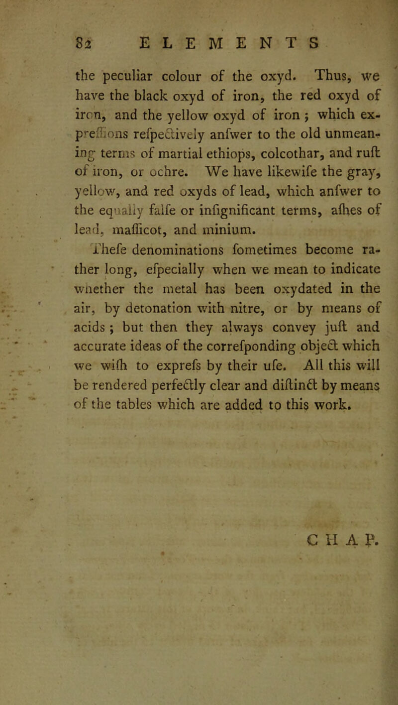 the peculiar colour of the oxyd. Thus, we have the black oxyd of iron, the red oxyd of iron, and the yellow oxyd of iron j which ex- p*'e{fions refpedively anfwer to the old unmeanr ing terms of martial ethiops, colcothar, and rufl: of iron, or ochre. We have likewife the gray, yellov/, and red oxyds of lead, which anfwer to the equally falfe or infignificant terms, afties of lead, mafficot, and minium. ihefe denominations fometimes become ra- ther long, efpecially when we mean to indicate wnether the metal has been oxydated in the air, by detonation with nitre, or by means of acids; but then they always convey juft and accurate ideas of the correfponding objefl: which we wi(h to exprefs by their ufe. All this will be rendered perfectly clear and diftindl by means of the tables which are added to this work. C II A f*.