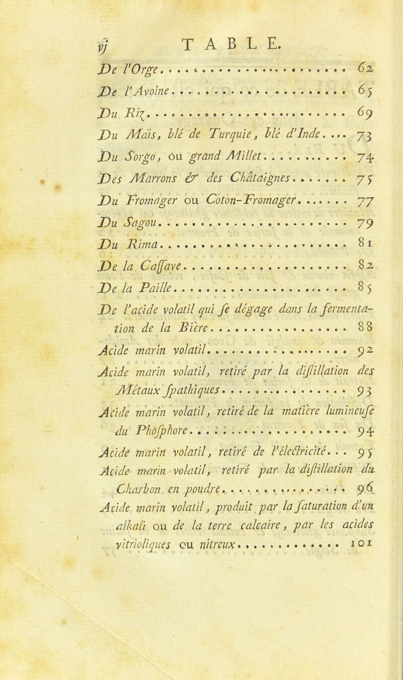 yj TABLE. Ve l’Orge. ...» 6z Ve l’Avoine 6 5 Vu Ri{. 69 Vu Mais, blé de Turquie, blé d’Inde. ... 73 Vu Sor go, ou grand Millet 74 Ves Marrons & des Châtaignes 75 Vu Fromager ou Coton-Fromager 77 Vu Sagou 79 Vu Rima . . . 81 Ve la Cafave 82 Ve la Paille 85 Ve l’acide volatil qui fe dégage dans la fermenta- tion de la Bi'ere 8 8 Acide marin volatil 92 * Acide marin volatil, retiré par la difiillalion des Métaux fpathiques 93 Acide marin volatil, retiré de la matière lumineufe du Phofphore. 94 Acide marin volatil, retiré de l’éleâricité. . . 95 Acide marin volatil, retiré par la difillaiion du Charbon en poudre 96 Acide marin volatil, produit par la faturation d’un alkali ou de la terre calcaire, par les acides yitrioliques ou nitreux 101