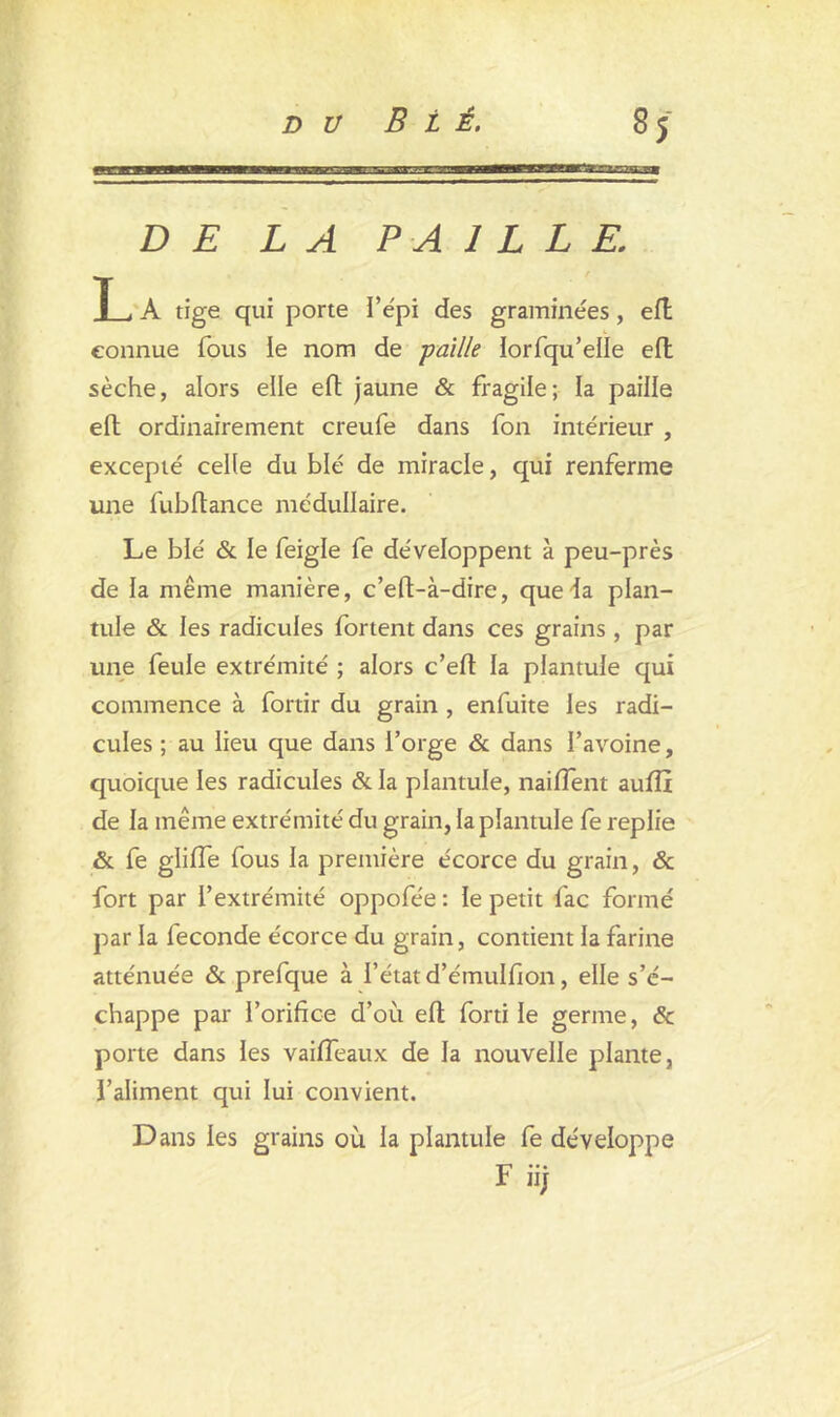 DE LA PAILLE. T , A tige qui porte l’épi des graminées, eft connue fous le nom de -paille lorfqu’elîe eft sèche, alors elle eft jaune & fragile; la paille eft ordinairement creufe dans fon intérieur , excepté celle du blé de miracle, qui renferme une fubftance médullaire. Le blé & le feigle fe développent à peu-près de la même manière, c’eft-à-dire, que-la plan- tule & les radicules fortent dans ces grains , par une feule extrémité ; alors c’eft la plantule qui commence à fortir du grain , enfuite les radi- cules ; au lieu que dans forge & dans l’avoine, quoique les radicules & la plantule, naiffent aufîî de la même extrémité du grain, la plantule fe replie & fe gliffe fous la première écorce du grain, & fort par l’extrémité oppofée : le petit fac formé par la fécondé écorce du grain, contient la farine atténuée «St prefque à l’état d’émulfion, elle s’é- chappe par l’orifice d’où eft forti le germe, «Sc porte dans les vaiffeaux de la nouvelle plante, l’aliment qui lui convient. Dans les grains où la plantule fe développe F iij