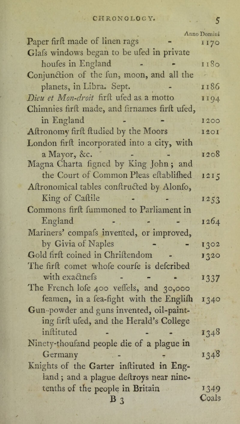 CHROKOLOC Y. Anno Domini Paper fir ft made of linen rags - 1170 Glafs windows began to be ufed in private houfes in England - - 1180 Conjunction of the fun, moon, and all the planets, in Libra. Sept. - 1186 Dieu et Mon-droit firft ufed as a motto 1194 Chimnies firft made, and firnames firft ufed, in England - - 1200 Aftronomy firft ftudied by the Moors 1201 London firft incorporated into a city, with a Mayor, &c. - - 1208 Magna Charta figncd by King John; and the Court of Common Pleas eftablifhed 1215 Aftronomical tables conftructed by Alonfo, King of Caftile - - I253 Commons firft fummoned to Parliament in England - - - 1264 Mariners’ compafs invented, or improved, by Givia of Naples - - 1302 Gold firft coined in Chriftendom - 1320 The firft comet whofe courfe is defcribed with exaCtnefs - - - I337 The French lofe 400 veffels, and 30,000 feamen, in a fea-fight with the Englifh 1340 Gun-powder and guns invented, oil-paint- ing firft ufed, and the Herald’s College inftituted - - 1348 Ninety-thoufand people die of a plague in Germany - r 1348 Knights of the Garter inftituted in Eng- land ; and a plague deftroys near nine- tenths of the people in Britain B3 1349 Coals