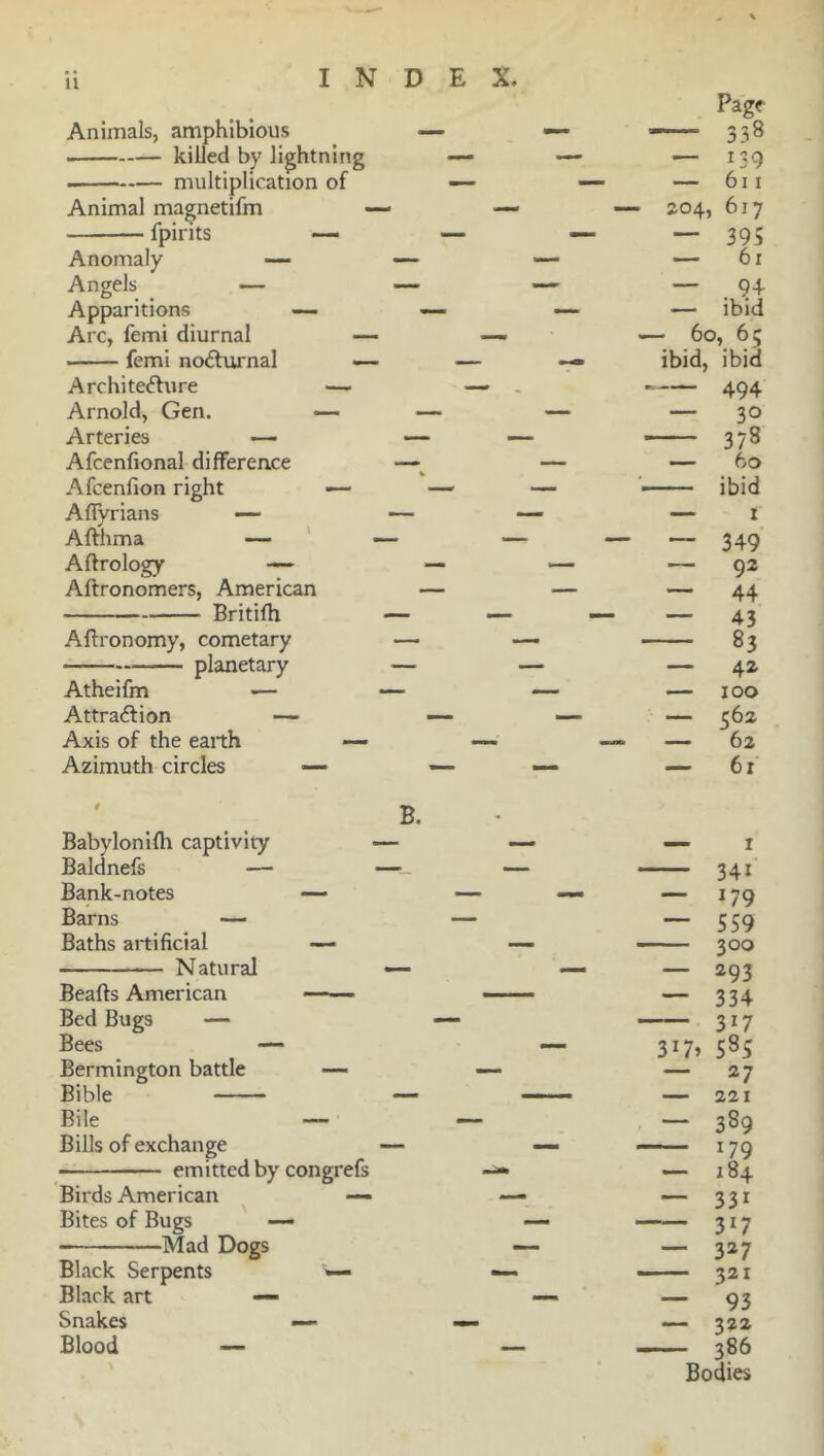 Animals, amphibious killed by lightning . multiplication of Animal magnetifm fpirits — Anomaly — Angels — Apparitions — Arc, femi diurnal — femi noCturnal — Architecture — Arnold, Gen. — Arteries —• Afcenfional difference Afcenfion right •— Aflyrians — Afthma — Aftrology — Aftronomers, American Britifh Aftronomy, cometary planetary Atheifm -— Attraction — Axis of the earth — Azimuth circles — B. Babylonifh captivity ■— Baldnefs — —. Bank-notes — Barns — Baths artificial — N atural — Bealls American — Bed Bugs — Bees — Bermington battle — Bible ■— Bile — Bills of exchange — emitted by congrefs Birds American — Bites of Bugs — Mad Dogs Black Serpents — Black art — Snakes — Blood — Pag? —— 338 •— 139 — 611 204, 617 — 395 — 61 - 60, 65 ibid, ibid 494 — 30 378 — 60 ■ ibid — 349 — 92 — 44 — 43 83 — 42 — too — 562 — 62 — 6 r 341 — 179 — 559 300 — 293 — 334 317 317* 585 — 27 — 221 “ 389 ~ 331 317 — 327 —— 321 — 93 — 322 386 Bodies
