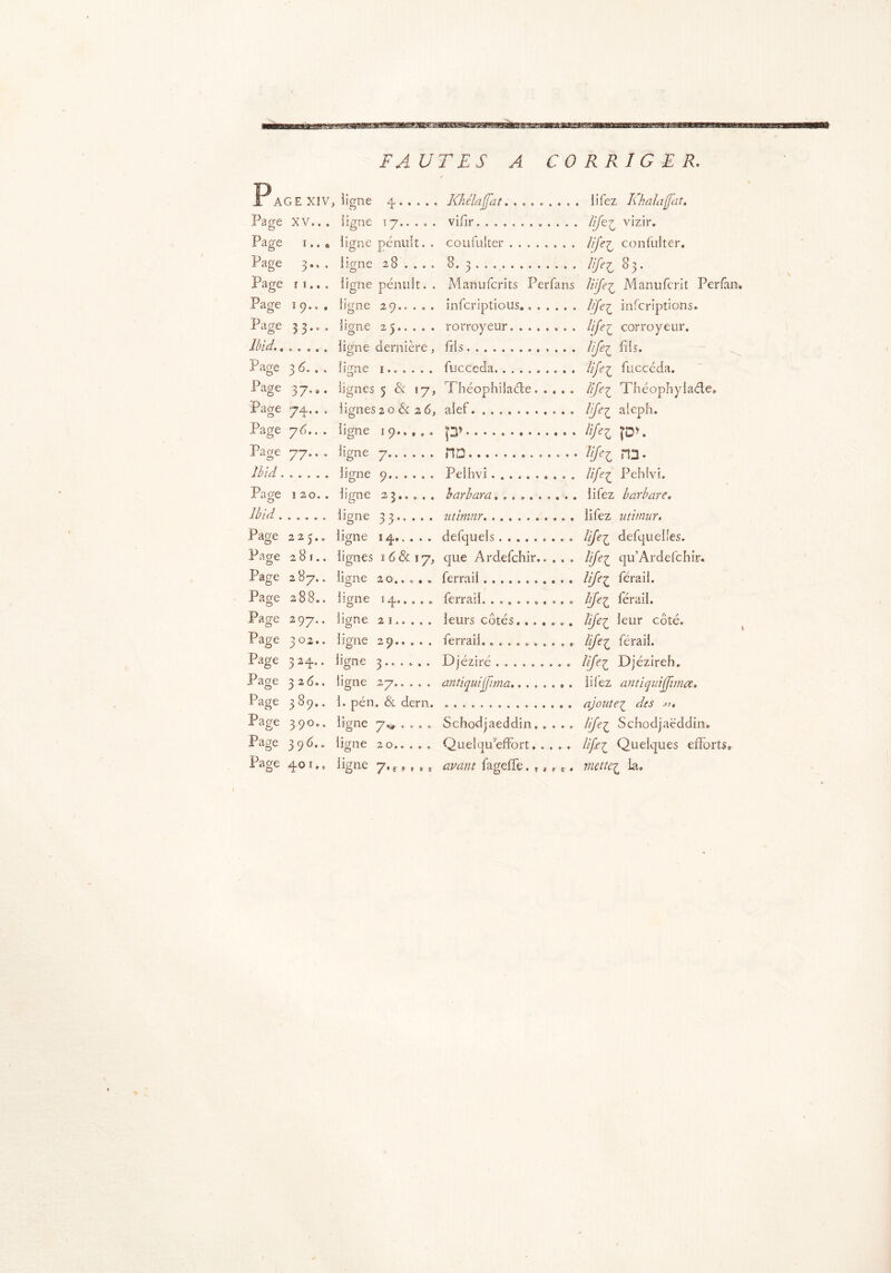 FAUTES A CORRIGER. Page XIV, ligne 4 Khélaffat Page XV.. . ligne 17.. . . . vifir . . . . . Page i..* ligne pénult. . coufulter Page 3., . ligne 28 ... . 8. 3 . . Page 11... ligne pénult. . Manufcrits Perfans Page 19., , ligne 29.. . . . infcriptious....... Page 33... ligne 25 rorroyeur Ibid....... ligne dernière , fils Page 3d... ligne 1 fucceda Page 37.». lignes 5 & 17, Théophilade Page 74.... lignes 2 o & 2 6, alef Page 76.. . ligne 19 p» Page 77... ligne 7. HD Ibid ligne 9 Pelhvi Page 120.. ligne 23.. . . . b arbora. ......... Ibid. . . ... ligne 33 utimnr Page 223.. ligne 14 defquels Page 28 r.. lignes Ï6&17, cIue Ardefchir Page 287.. ligne 20..... ferrail Page 288.. ligne 14..... ferrail........... Page 297,. ligne 21 leurs côtés...... . Page 302.. ligne 29 ferrai!........,.» Page 324.. ligne 3 Djéziré Page 326.. ligne 27..... antiquiffima. Page 389.. 1. pén. & dern. Page 390., ligne 7^ .... Schodjaeddin. . . . , Page 3 9^’ ligne 20..... Quelqu’effort. . . .. Page 401», ligne 7.,., , ,, avant fageffe lifez Khalaffat. ///e7 vizir. life^ eonfulter. lifeL S3. liife^ Mantifcrit Per fin. life£ infcriptions. life1 corroyé ur. life^ fils. life^ fucceda. life^ Théophylade» l[feZ aicpfi» fiftl p*. lijel H3. life£ Pehlvi. lifez barbare. lifez utimur. life£ defquei'es. life£ qu’Ardefchir. life£ férail. bfe£ férail. life£ leur côté. life£ férail. life^ Djézireh. liiez antiquiffmce. ajoute1 des life£ Schodjaëddin» HRz Quelques efforts. mette£ la.