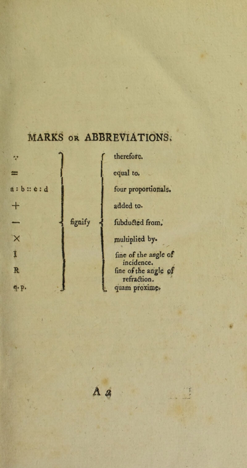 MARKS OR ABBREVIATIONS; a: b:: c; d + ; - fignify . therefore, equal to. - four proportionals, added to. lubdudlcd from,’ X I R *l-P- I multiplied by. fine of the angle of I incidence. I fine of the angle gf I refradlion. ' t quam pfoxime* i Oi