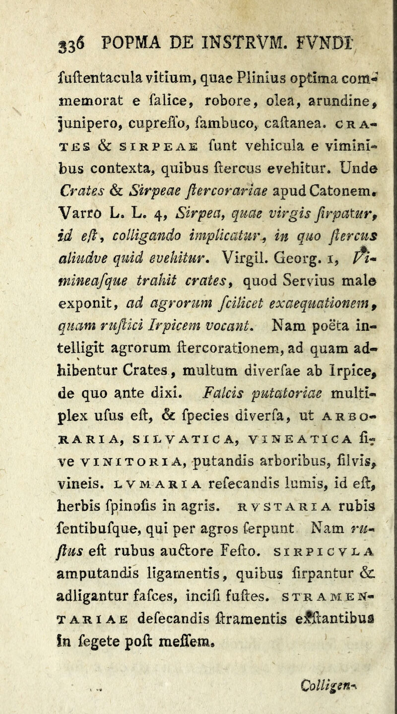 faftentacula vitium, quae Plinius optima com- memorat e lalice, robore, olea, arundine, junipero, cupreffo, fambuco, caftanea. cra- tes & siRPEAE funt vehicula e vimini- bus contexta, quibus fterous evehitur* Unde Crates & Sirpeae Jlercorariae apud Catonem» Varro L* L. 4, SirpecXy qme virgis firpatur, id colligando implicatur^ in quo Jierciis aliudve quid evehitur. Virgil. Georg. i, mineafque trahit crates^ quod Servius male exponit, ad agrorum fcilicet exaeq^iationemf quam ruflki Irpicem vocant. Nam poeta in- telligit agrorum ftercorationem, ad quam ad- hibentur Crates, multum diverfae ab Irpice, de quo ante dixi. Falcis putatoriae multi- plex ufus eft, & fpecies diverfa, ut arbo- raria, SILVATICA, VINEATICA fi- ve VINITORI A, putandis arboribus, filvis, vineis, lvmari a refecandis lumis, id eft, herbis fpinofis in agris, r v s t a r i a rubis fentibufque, qui per agros ferpunt Nam m- jlus eft rubus auftore Fefto. sirpicvla amputandis ligamentis, quibus firpantur & adligantur fafces, incifi fuftes. s t r a m e n- tariae defecandis ftramentis efilantibus in fegete poft meffem» Collig^n.'