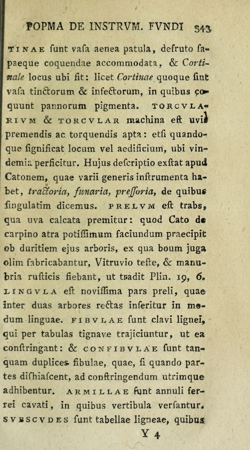 TINAE funt vafa aenea patula, defruto fa« paeque coquendae accommodata, & Corti-* ftale locus ubi fit: licet Cortinae q}JiOO^xxe fint vafa tinftorum & infeftorum, in quibus 90» quunt pannorum pigmenta, torcvi-a** RivM & TORCVLAR macliina eft uvii premendis ac torquendis apta: etfi quando- que fignificat locum vel aedificium, ubi vin- demia perficitur. Hujus deferiptio exftat apud Catonem, quae varii generis inftrumenta ha- bet, traUoriciy fimaria, prejforia, de quibui^ lingulatim dicemus, preevm eft trabs, qua uva calcata premitur: quod Cato d# carpino atra potiffimum faciundum praecipit ob duritiem ejus arboris, ex qua boum juga olim fabricabantur, Vitruvio tefte, & manu- bria rufticis fiebant, ut tr.adit Plin. 19, 6. i.iNGvnA eft noviffima pars preli, qua© inter duas arbores reftas inferitur in me- dum linguae. fibvlae funt clavi lignei, qui per tabulas tignave trajiciuntur, ut ea conftringant: & confibvlae funt tan- quam duplices fibulae, quae, fi quando par- tes difhiafcent, ad conftringendum utrimque adhibentur, armillae ftjnt annuli fer- rei cavati, in quibus vertibula verfantur, SVBSCVDES funt tabellae ligneae, quibua Y4