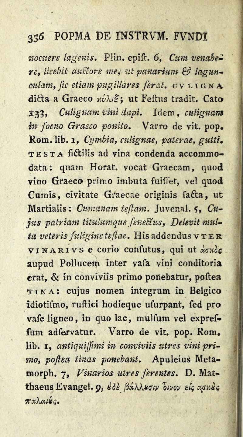 moenere lagenis. P!in. epift. 6, Cum venahe^ rCy licebit auEtore me; ut panarium & lagun^ miam, fic etiam pugillares ferat, c v i g n a ditta a Graeco ut Feftus tradit, Cato Culignam vini dapi. Idem, culignam in foeno Graeco ponito. Varro de vit. pop» Rom. lib* 1, Cymbia, culignae, paterae, guttis TESTA fiftilis ad vina condenda accommo- data: quam Horat. vocat Graecam, quod vino Graeco primo imbuta fuiflet, vel quod Cumis, civitate Gi^aecae originis fafta, ut Martialis: Cumanam teftam. Juvenal. 5, Cu^ jus patriam tituUimque fenedtus, Delevit muU ta veteris fuligine tefiae. His addendus v ter viNARivs e corio confutus, qui ut aupud Pollucenji inter vafa vini conditoria erat, & in conviviis primo ponebatur, poftea tina: cujus nomen integrum in Belgico idiotifmo, ruftici hodieque ufurpant, fed pro vafe ligneo, in quo lac, mulfum vel expref-^ fum adfervatur, Varro de vit, pop. Rom* lib, I, antiquiffimi in conviviis utres vini pri» mo, poftea tinas ponebant. Apuleius Meta- morph, 7, Vinarios utres ferentes. D. Mat- thaeus E vangel# 9, ftkKKuiSty %yQv elg ccpiig ^xKoiiieg.