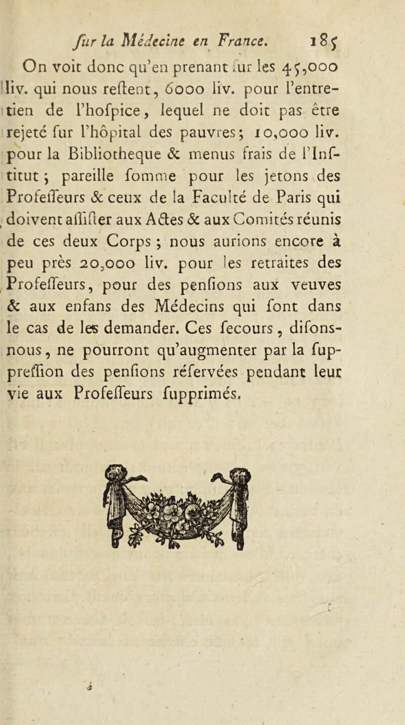 On voit donc qu’en prenant xur les 4^,000 liv. qui nous reftent, 6000 liv. pour l’entre- tien de l’hofpice, lequel ne doit pas être rejeté fur l’hôpital des pauvres; 10,000 liv. pour la Bibliothèque & menus frais de l’Inf- titut ; pareille fomme pour les jetons des ProfeiTeurs 3c ceux de la Faculté de Paris qui ^ doivent affiüer aux Aftes 3c aux Comités réunis de ces deux Corps ; nous aurions encore à peu près 20,000 liv. pour les retraites des Profeffeurs, pour des penfions aux veuves 3c aux enfans des Médecins qui font dans le cas de les demander. Ces fecours, difons- nous, ne pourront qu’augmenter par la fup- preffion des penfions réfervées pendant leur vie aux ProfeiTeurs fupprimés.