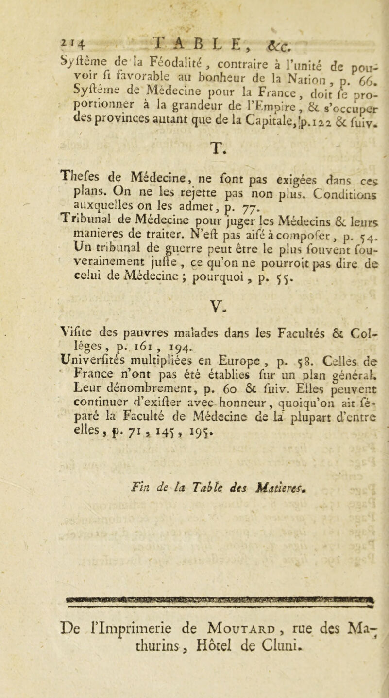 SyÜême de la Féodalité , contraire à l’unité de pou* voir fl favorable au bonheur de la Nation , p. 66. Syftèine de Médecine pour h France, doit (e* pro- portionner à la grandeur de l’Empire, & s’occuper des provinces autant que de la Capitale,[p. 122 & fmv. T. Thefes de Médecine, ne font pas exigées dans ces; plans. On ne les rejette pas non plus. Conditions auxquelles on les admet, p. 77. Tribunal de Médecine pour juger les Médecins &; leurs manières de traiter. N’eft pas aifé à compofer , p. 54. Un tribunal de guerre peut être le plus fouvent fou- verainement jufte , ce qu’on ne pourroit pas dire de celui de Médecine ; pourquoi, p. 55. V. \ Vifite des pauvres malades dans les Facultés & Col- lèges , p. 161 , 194. Univerfités multipliées en Europe , p. 58. Celles de France n’ont pas été établies fur un plan général. Leur dénombrement, p. 60 & fuiv. Elles peuvent continuer d’exifler avec-honneur, quoiqu’on ait fé- paré la Faculté de Médecine de plupart d’entre elles, p. 71 , 145, 195. Fin de la Table des MatlereSm De l’Imprimerie de Moutard , rue des Ma- diurins, Hôtel de Cltini.