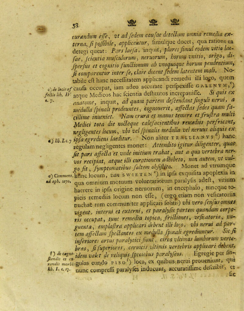 curandum efe, 'vt ad fedem caufae detcBam omnia remedia eii- terna, fi Pojfibile, applicemur, (imulqae docet, qua ratione ea detegi queat; Parslaeja, inquit, pturesfimul eodem viuo lae- fae^Jcientiamufculorum, nemorum, horum vnitio, origo, (U- fperfus et cognitio funHionum ab vnoquoque horum petidentiuni^ fi comparentur inter fe, dare docent fedem latentem mali» No- tabile e(l hanc neceffitatem applicandi remedii illi lo^o, quem ' .V*/«oV./caura occupat, iam adeo accurate perfpexifTe o a l e n v m , ) fcctu lib. IV. atque Medicos hac fcientia deftitutos incrcpauille. 5/ quts ex ‘•7* anatome, inquit, ad quam partem defcendantfinguli tierui, a medulla fpinali prodeuntes, eognouerit, affedas /edes quam fa- cillime inueniet. Nam crura et manus temere et fruflra multi Medici tota die noBeque calefacientibus remediis perfricant^ negligentes locum, vbi vel fpmalis medulla vel nemus aliquis ex. dO m.Lc.n ipfa egrediens laeditur. Non aliter t r a l l i a n v s ) hanc regulam negligentes monet; Attendito igitur diligenter, quae- fi°pars affeBa et vnde initium trahat, aut a qua vertebra ner- vos^recipiat, atque illi curationem adhibeto, non autem, vt vul- ‘ PO fit, fymptomatibus faltem obfiftita. Monet ad vtriimque e) Cdwiwim.hflnc locum, van s w i e t e k ^). in ipfa exquilita apoplexia iti Uajih.ioyo» qua omnium inotuum volunrarrorum paralyfis adcft, vuium haerere in ipfa origine neruorum, in encephalo^ tuncque picis remediis locum non ede, (ergqetiam non veficatoriis. nuchae tum communiter applicari- folitis) vbi vero fenfusomnes vigent, interni et externi, et paralyfis partem quandam corpo- ris occupat, tunc remedia topica, friBiones, veficatoria, vn* guenta, emplaflra applicari debent illi loco, vbi nerui ad par- tem affeBam fpcBantes ex me^illa fpinali egrediuntur. Sicjl inferiores artus paralytici fant, circa vltimas lumborum verte- bras, fi fuperiores, ceriucis vltimis vertebris applicari debent,- P reliquis fpcciebus paralyfeos. Egregie per \^ndis .L^Agulas eundo p i s o '> loca, ex quibus,nerui proueniunf,. qui hk. u e. 1-j. compreffi paralyfes inducuntj, accuratiffime deiaiDit,. et