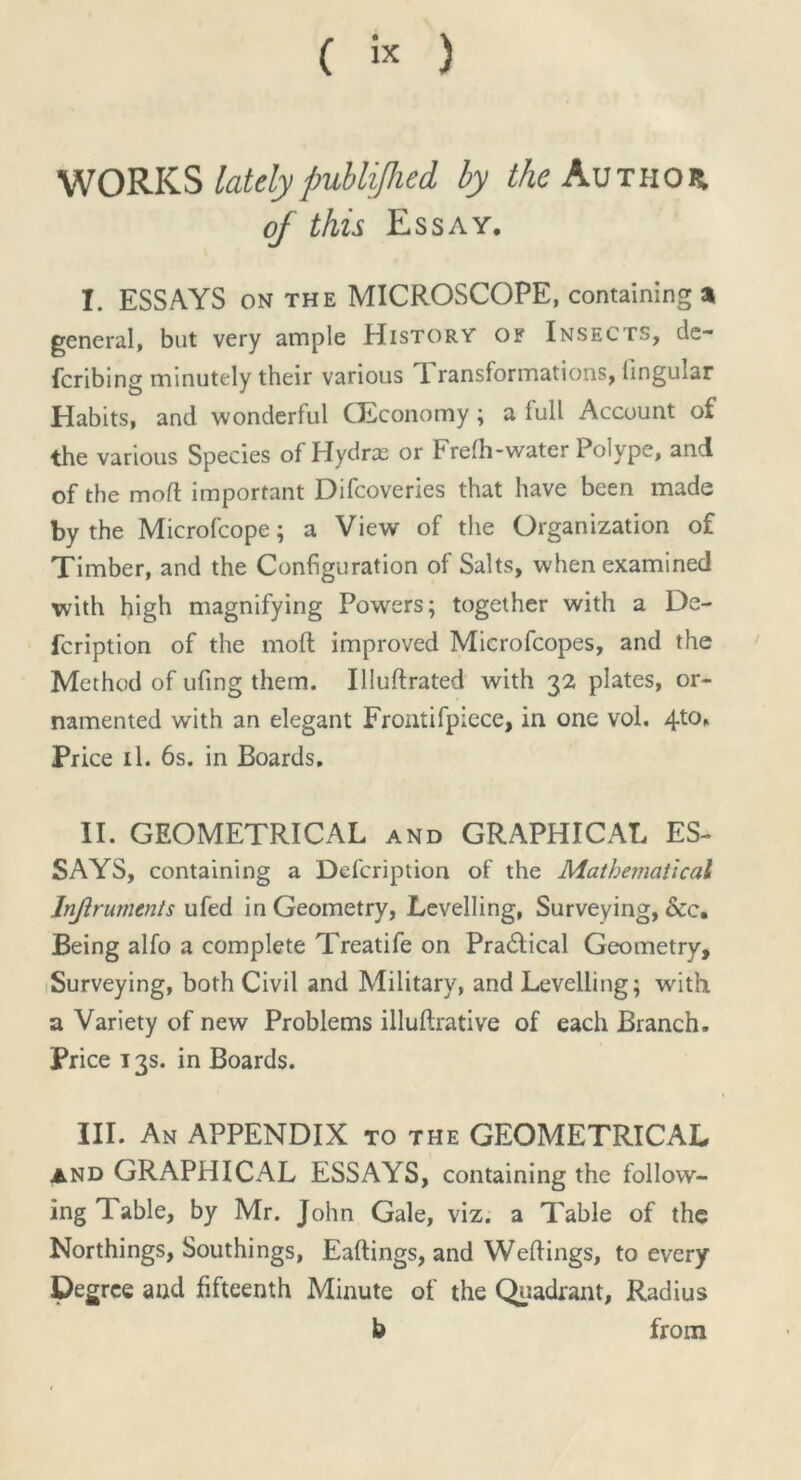 WORKS latelypuhliflied by the Author of this Essay. I. ESSAYS ON THE MICROSCOPE, containing \ general, but very ample History oe Insects, de- feribing minutely their various I ransformations, lingular Habits, and wonderful CEconomy ; a lull Account of the various Species of Hydras or Frefh-water Polype, and of the molt important Difcoveries that have been made by the Microfcope; a View of the Organization of Timber, and the Configuration of Salts, when examined with high magnifying Powers; together with a De- feription of the molt improved Microfcopes, and the Method of ufing them. Illuftrated with 32 plates, or- namented with an elegant Frontifpiece, in one vol. 4t011 Price il. 6s. in Boards. II. GEOMETRICAL and GRAPHICAL ES- SAYS, containing a Defcription of the Mathematical Jnjlrumtnts ufed in Geometry, Levelling, Surveying, &c. Being alfo a complete Treatife on Pra&ical Geometry, Surveying, both Civil and Military, and Levelling; with, a Variety of new Problems illuftrative of each Branch. Price 13s. in Boards. III. An APPENDIX to the GEOMETRICAL and GRAPHICAL ESSAYS, containing the follow- ing Table, by Mr. John Gale, viz. a Table of the Northings, Southings, Eaftings, and Wettings, to every Degree and fifteenth Minute of the Quadrant, Radius b from