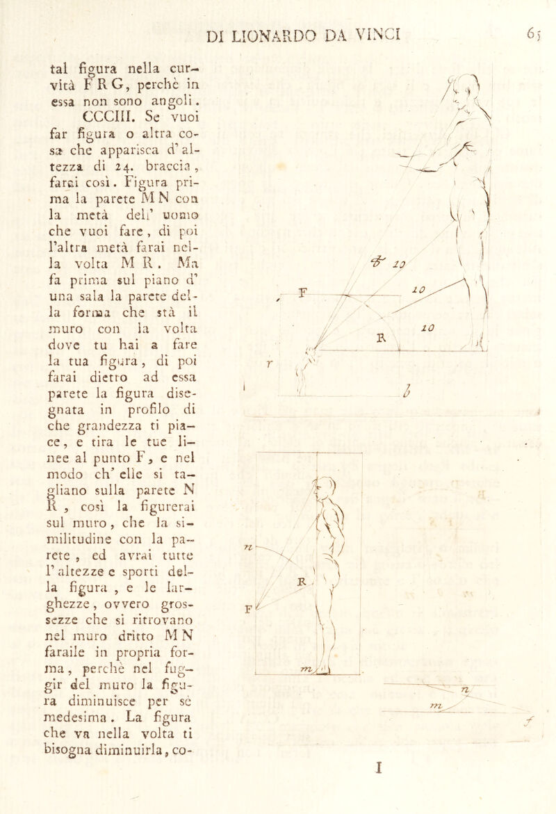 tal figura nella cur- vità FRG, perchè in essa non sono angoli. CCCIII. Se vuoi far figura o altra co- sa che apparisca d'al- tezza di 24. braccia , farai cosi. Figura pri- ma la parete M N con la metà deli’ uomo che vuoi fare , di poi l’altra metà farai nel- la volta M R . Ma fa prima sul piano d’ una saia la parete del- la forma che sta il muro con la volta dove tu hai a fare la tua figura, di poi farai dietro ad essa parete la figura dise- gnata in profilo di che grandezza ti pia- ce, e tira le tue li- nee al punto F* e nel modo eh’ elle si ta- gliano sulla parete N Il 5 cosi la figurerai sul muro , che la si- militudine con la pa- rete , cd avrai tutte F altezze e sporti del- la figura , e le lar- ghezze , ovvero gros- sezze che si ritrovano nel muro dritto M N faraile in propria for- ma, perchè nel fug- gir del muro la figu- ra diminuisce per sè medesima. La figura che va nella volta ti bisogna diminuirla, co-