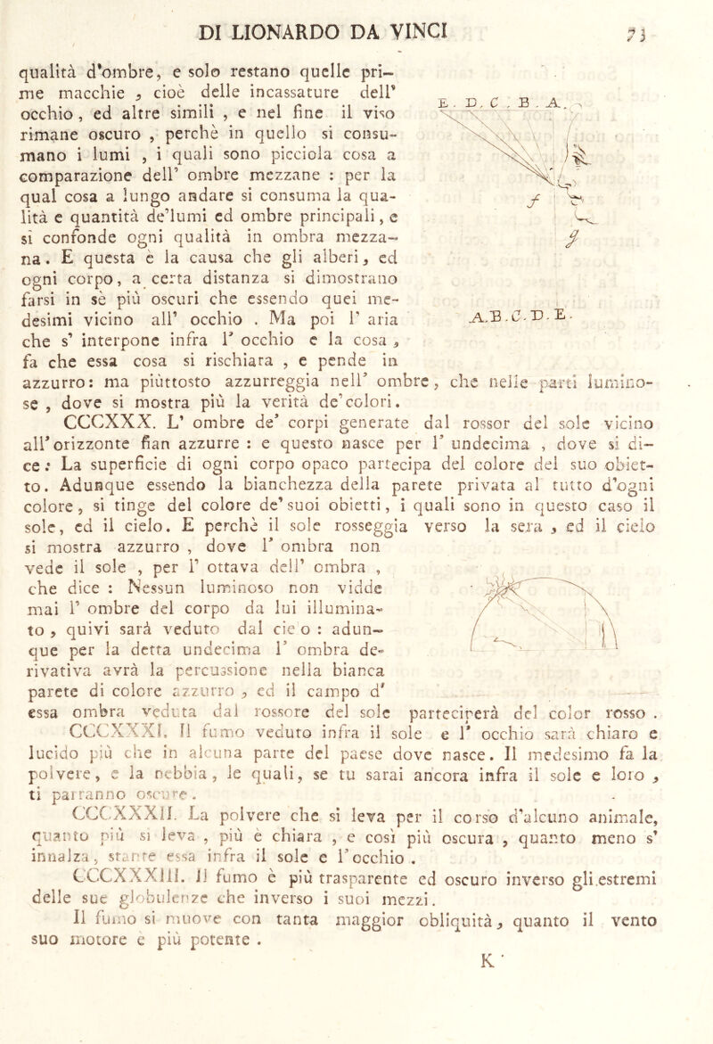 mino- qualità d#ombre, e solo restano quelle pri- me macchie * cioè delle incassature dell* occhio, ed altre simili , e nel fine il viso rimane oscuro , perchè in quello si consu- mano i lumi , i quali sono picciola cosa a comparazione dell’ ombre mezzane : per la qual cosa a lungo andare si consuma la qua- lità e quantità de’lumi ed ombre principali, e si confonde ogni qualità in ombra mezza- na. E questa è la causa che gli alberi * ed ogni corpo, a certa distanza si dimostrano farsi in sè più oscuri che essendo quei me- desimi vicino all1 occhio . Ma poi Y aria che s1 interpone infra V occhio e la cosa 3 X fa che essa cosa si rischiara , e pende in azzurro: ma piuttosto azzurreggia nell5 ombre, che nelle parti se , dove si mostra più la verità de'colori. CCCXXX. L’ ombre de5 corpi generate dal rossor del sole vicino air orizzonte fian azzurre : e questo nasce per V undecima , dove si di- ce .* La superficie di ogni corpo opaco partecipa del colore del suo obiet- to. Adunque essendo la bianchezza della parete privata al tutto d’ogni colore , si tinge del colore de1 suoi obietti, i quali sono in questo caso il sole, ed il cielo. E perchè il sole rosseggia verso la sera 5 ed il cielo si mostra azzurro , dove V ombra non vede il sole , per Y ottava dell1 ombra , che dice : Nessun luminoso non vidde mai l1 ombre del corpo da lui illumina- to , quivi sarà veduto dal eie o : adun- que per la detta undecima 1 ombra de- rivativa avrà la percussione nella bianca parete di colore azzurro ed il campo d' essa ombra veduta dal rossore del sole parteciperà del color rosso . CCXXXXJ. fi fumo veduto infra il sole e T occhio sarà chiaro e lucido più che in alcuna parte del paese dove nasce. Il medesimo fa la polvere, e la nebbia, le quali, se tu sarai ancora infra il sole e loro * ti parranno oscure. CCCXXXII. La polvere che si leva per il corso d'alcuno animale, quanto più sì leva , più è chiara , e cosi più oscura , quanto meno s1 innalza, stante essa infra il sole e Y occhio. CCCXXX11I. Jl fumo è più trasparente ed oscuro inverso gli.estremi delle sue globulenzc che inverso i suoi mezzi. Il fumo si muove con tanta maggior obliquità:, quanto il vento suo motore e più potente .