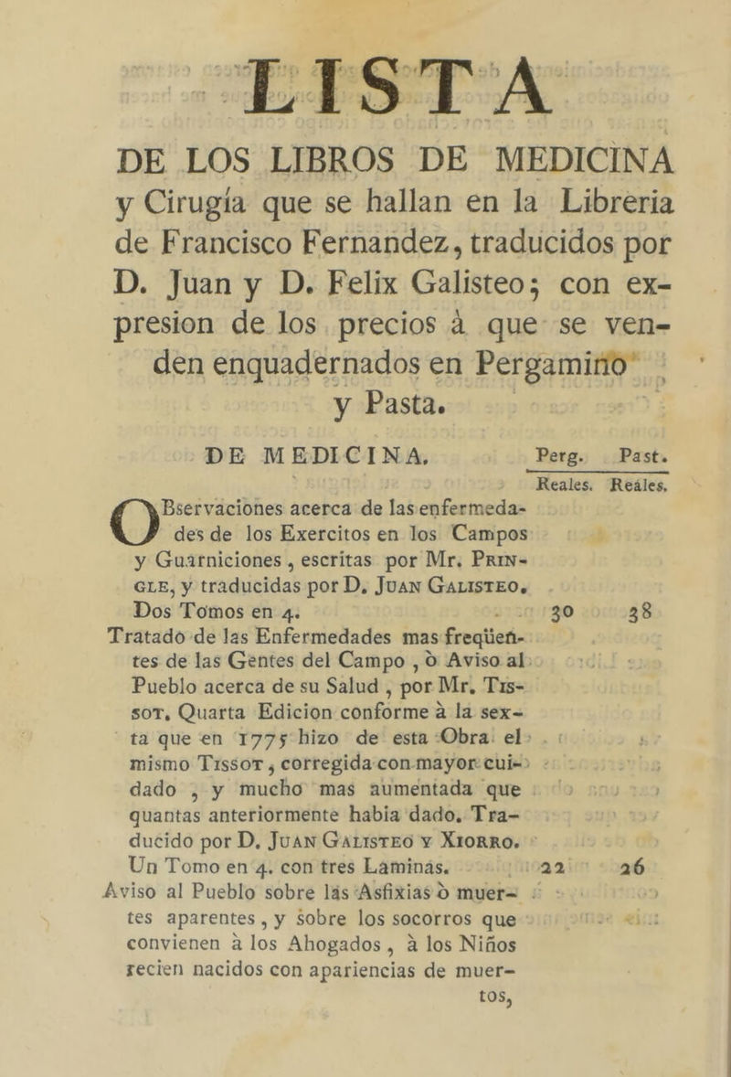 | ds I S [| e A | DE LOS LIBROS DE MEDICINA y Cirugía que se hallan en la Libreria de Francisco Fernandez, traducidos por D. Juan y D. Felix Galisteo; con ex- presion de los precios a que se ven- den enquadernados en Pergamino” y Pasta. DE MEDICINA, Perg. Past. ] “Reales. Reales, Bservaciones acerca de lasenfermeda- des de los Exercitos en los Campos , y Guarniciones , escritas por Mr. Priw- GLE, y traducidas por D, Juan GALISTEO, Dos Tomos en 4. 30 38 Tratado de las Enfermedades mas freuilat tes de las Gentes del Campo , O Aviso al: Pueblo acerca de su Salud , por Mr, Tis- soT, Quarta Edicion conforme a la sex= ta que en 1775 hizo de esta “Obra: el. . : mismo Tissor ¿ corregida con mayor: cui=&gt; : dado , y mucho mas aumentada que : quantas anteriormente habia dado. Tra- ducido por D, Juan GatistkO Y XIORRO. * Un Tomo en 4. con tres Laminás. vaain &lt;026 Aviso al Pueblo sobre lás Asfixias d muer= ¿ -- '5 tes aparentes , y Sobre los socorros que convienen a los Ahogados , a los Niños recien nacidos con apariencias de muer- tos,