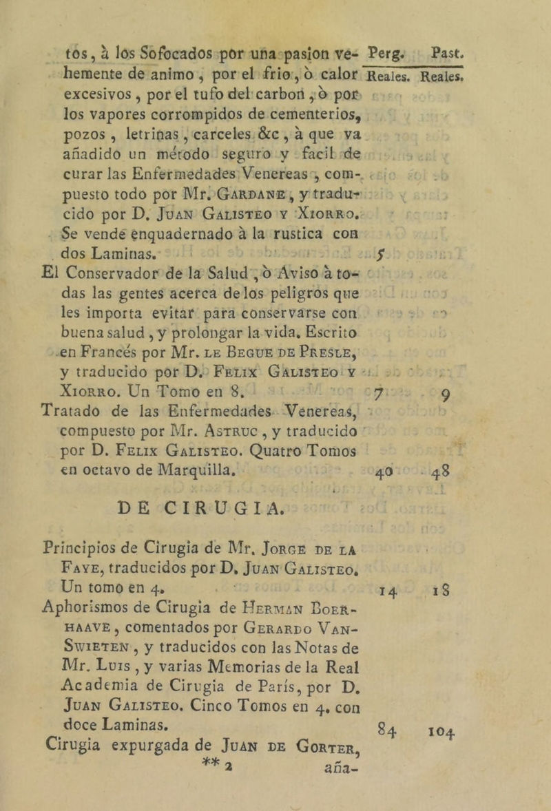 Past. excesivos , por el tufo del: canto ¿0 por» los vapores corrompidos de cementerios, pozos , letrinas , carceles. Sc, á que va añadido un método seguro y -facikb de puesto todo por Mr, GARDANE, y tradu» cido por D, Juan GALIsTEO Y :X1O0RRO, - Se vendé enquadernado a las posi con . dos Laminas. das las gentes acerca de los peligros que les importa evitar para conservarse con buena salud , y prolongar la.vida, Escrito «en Francés por Mr. Le BEGUE DE PRESLE, XiorrRo. Un Tomo en $, Tratado de las Enfermedades. li por D. Fenix GaristEO. Quatro Tomos en octavo de Marquilla, DE CIRUGIA. Principios de Cirugia de Mr, Jorcz DE La Faye, traducidos e D, Juan GALISTEO. Un tomo en 4. Aphorismos de Cirugia de Herman BorEr- HAAVE , comentados por GerarDO Van- SwIeTEN , y traducidos con las Notas de Mr, Luis, y varias Memorias de la Real Academia de Cirugia de Paris, por D, Juan GaristeEO, Cinco Tomos en 4, con doce Laminas. Cirugia expurgada de Juan DE Gorrrr, blas aña- 40 14 84 1S 104