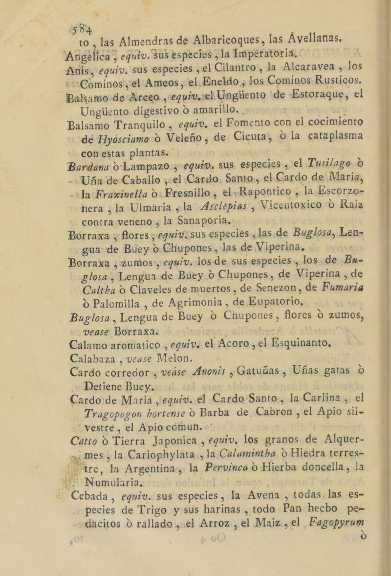 58: es las Almendras de Albaricoques, las Avellanas, “Angélica y equiv. Sus especies , la Imperatoria.. $ Amis, equiv. sus especies , el Cilantro, la Alcaravea , los «Cóminos, el Ameos, el.Eneldo , los Cominos Rusticos. Balsamo de Arceo ,:eguiva:el Ungiiento de Estoraque, el Ungúento digestivo o amarillo. ha Balsamo Tranquilo , equiv. el Fomento con el cocimiento de Hyosciamo o Veleño, de Cicuta, O la cataplasma con estas plantas. Bardana 9:Lampazo , equiv. sus especies, el Tusilago 0 -:Uña de Caballo ,. el. Cardo. Santo, el Cardo de Maria, -+ la Eraxinella d Fresnillo , el.«Rapontico , la Escorzo- nera ¿la Ulmaria ¿la Asclepias , Vicentoxico O Raiz contra veneno , la Sanaporia, Borraxa , flores, equiv. sus especies ¿las de Buglosa, Len- gua de Buey 0 Chupones, las de Viperina, Borraxa ¿zumos:, equiv. los de sus especies, los de Bu» glosa, Lengua de Buey 9 Chupones, de Viperina , de Caltha d Claveles de muertos , de Senezon, de Fumaria o Palomilla , de Agrimonia , de Eupatorio, Buglosa, Lengua de Buey O Chupones, flores O zumos, vease Borraxa. OTTO hs) Calamo aromatico , eguiv. el Acoro , el Esquinanto, Calabaza , vease Melon. Cardo corredor, veáse Anonis y Gatuñas , Uñas gatas 0 Detiene Buey. MSTSTE Cardo:de Maria y equiv. el Cardo Santo, la Carlina , el Tragopogon hortense O Barba de Cabron , el Apio sii» vestre , el Apio cómun. Carto o Tierra Japonica , eguiv. los granos de Alquer- ,. mes , la Cariophylata , la Calamintba O Hiedra terres- tre, la Argentina», la Pervinca o Hierba doncella, la ¿2 Numoularia. y Cebada, equiv. sus especies, la Avena , todas. las es- pecies de Trigo y sus harinas , todo Pan hecbo pe- dacitos O rallado ,.el Arroz , el Maiz, el Fagopyrum ol O