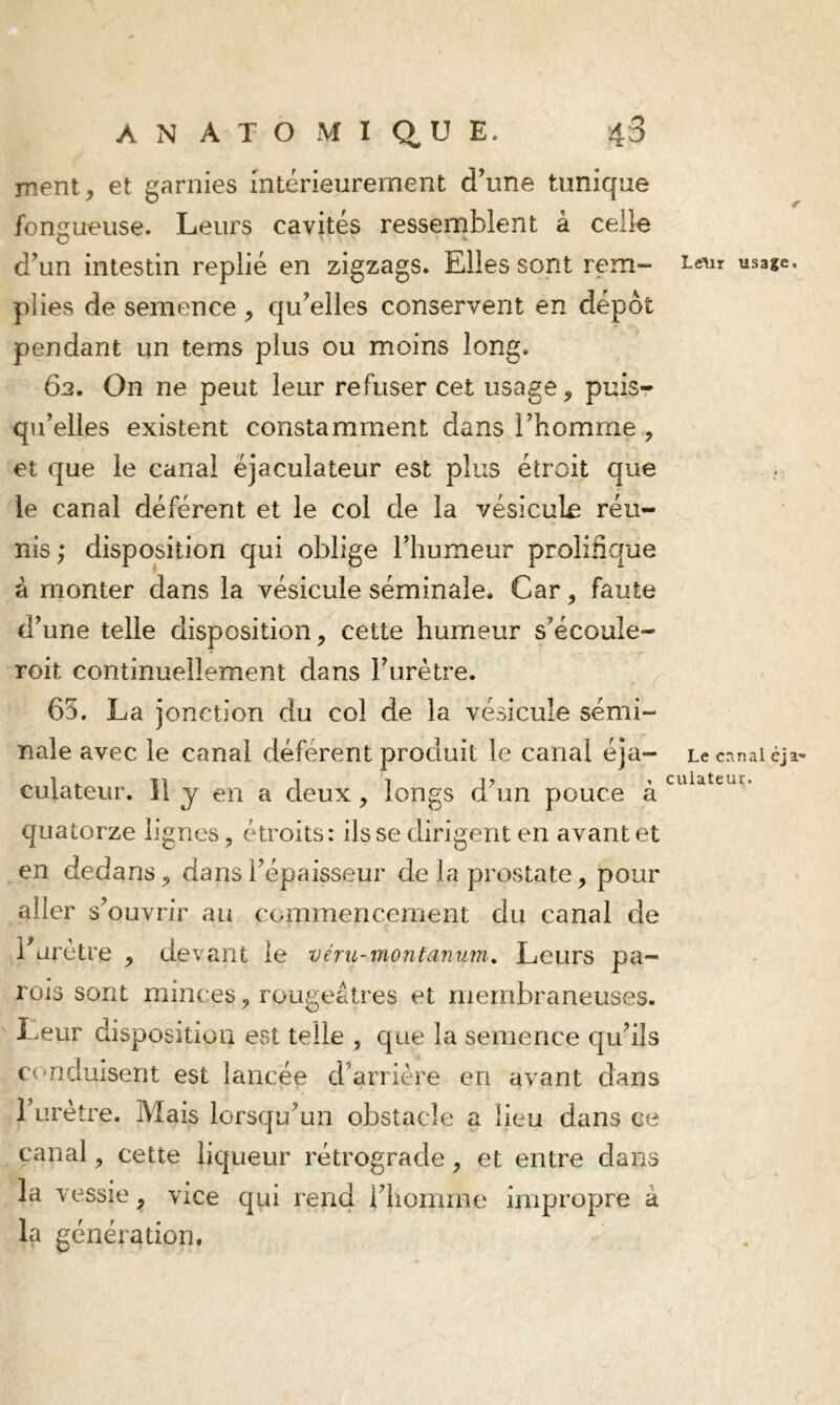 ment, et garnies intérieurement d’une tunique fongueuse. Leurs cavités ressernblent à celle d’un intestin replié en zigzags. Elles sont rem- plies de semence , qu’elles conservent en dépôt pendant un tems plus ou moins long. 62, On ne peut leur refuser cet usage, puisr qu’elles existent constamment dans l’homme , et que le canal ëjaculateur est plus étroit que le canal déférent et le col de la vésicule réu- nis; disposition qui oblige l’humeur prolifique à monter dans la vésicule séminale. Car, faute d’une telle disposition, cette humeur s’écoule- roit continuellement dans l’urètre. 65. La jonction du col de la vésicule sémi- nale avec le canal déférent produit le canal éja- culateur. Il y en a deux, longs d’un pouce à quatorze lignes, étroits: ils se dirigent en avant et en dedans, dans l’épaisseur de la prostate, pour aller s’ouvrir au commencement du canal de i’ürétre , devant le véru-montanum. Leurs pa- rois sont minces, rougeâtres et membraneuses. l>eur disposition est telle , que la semence qu’ils c(‘nduisent est lancée d’arrière en avant dans l’urètre. Mais lorsqu’un obstacle a lieu dans ce canal, cette liqueur rétrograde, et entre dans la vessie, vice qui rend riiomme impropre à la génération. Le^ir usage. Le canal éja'* culateur.