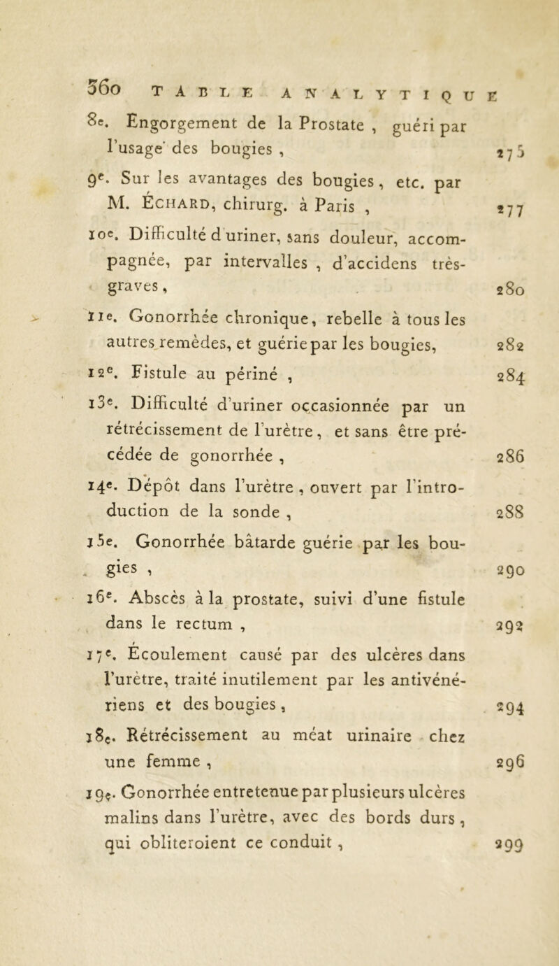 Sc. Engorgement de la Prostate , guéri par l’usage'des bougies, 9^* Sur les avantages des bougies, etc. par M. ÉCHARD, chirurg. à Paris , 277 loc. Difficulté d uriner, sans douleur, accom- pagnée, par interv'alles , d’accidens très- graves, . 280 Ile. Gonorrhée chronique, rebelle à tous les autres,remèdes, et guérie par les bougies, 282 12®. Fistule au périné , 284 i3e. Difficulté d’uriner occasionnée par un rétrécissement de l’urètre , et sans être pré- cédée de gonorrhée , ‘ 286 14e. Dépôt dans l’urètre , ouvert par l’intro- duction de la sonde , 288 J 5e. Gonorrhée bâtarde guérie par les bou- . gies , 290 Absccs à la prostate, suivi d’une fistule dans le rectum , 292 ïyC. Ecoulement causé par des ulcères dans l’urètre, traité inutilement par les antivéné- riens et des bougies , 294 J 8c. Rétrécissement au méat urinaire chez une femme , 296 J 9c. Gonorrhée entretenue par plusieurs ulcères malins dans l’urètre, avec des bords durs, qui obliteroient ce conduit , 299