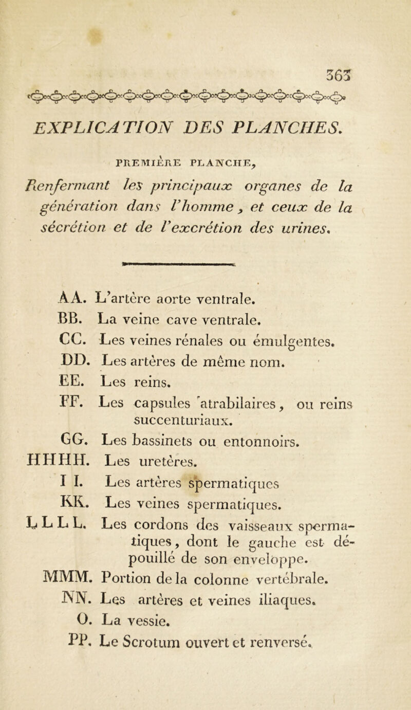 EXPLICATION DES PLANCHES. PREMIERE PLANCHE, Fienfennant !es princlpauæ organes de la génération dans Vhomme , et ceuæ de la sécrétion et de Vexcrétion des urines. AA. L^artere aorte ventrale. BB. La veine cave ventrale. CC. Les veines rénales ou éniulgentes. DD. Les artères de même nom. EE. Les reins. FF. Les capsules atrabilaires, ou reins succentLiriaux. GG. Les b assinets ou entonnoirs. HHHH. Les uretères. I I. Les artères spermatiques RK. Les veines spermatiques. L L L L. Les cordons des vaisseaux sperma- tiques, dont le gauche est dé- pouillé de son enveloppe. MMM. Portion de la colonne vertébrale. NN. Les artères et veines iliaques. O. La vessie. PP. Le Scrotum ouvert et renversé.