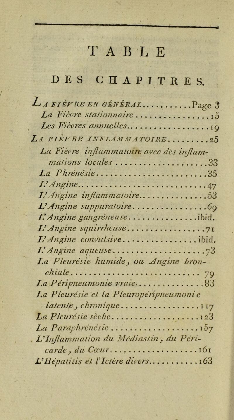 TABLE DES CHAPITRES. / L A FI ÊTRE EN GÉNÉRAL Page 3 La Fièvre stationnaire Les Fièvres annuelles ip La fièvre inflammatoire 28 La Fièvre injlanimatoire avec des injlam- rnations locales .33 ^ La Phrénésie 35 L’Angine 47 U Angine inflammatoire 53 L’Angine suppurâtoire .69 JJ Angine gangréneuse ibicl. L’Angine scpiirrlieuse 71 L’Angine convulsive ibid. JJ Angine aqueuse 73 La Pleurésie humide, ou Angine bron- chiale 79 La Péripneumonie Traie 83 La Pleurésie et la P leuropé ri pneumonie latente , chronique 117 La Pleurésie sèche 123 La Paraphrénésie 157 , L’Inflammation du Médias tin ^ du I^éri- carde ^ du Cœur 161 L’JJépatiiis et l'Ictère divers i63