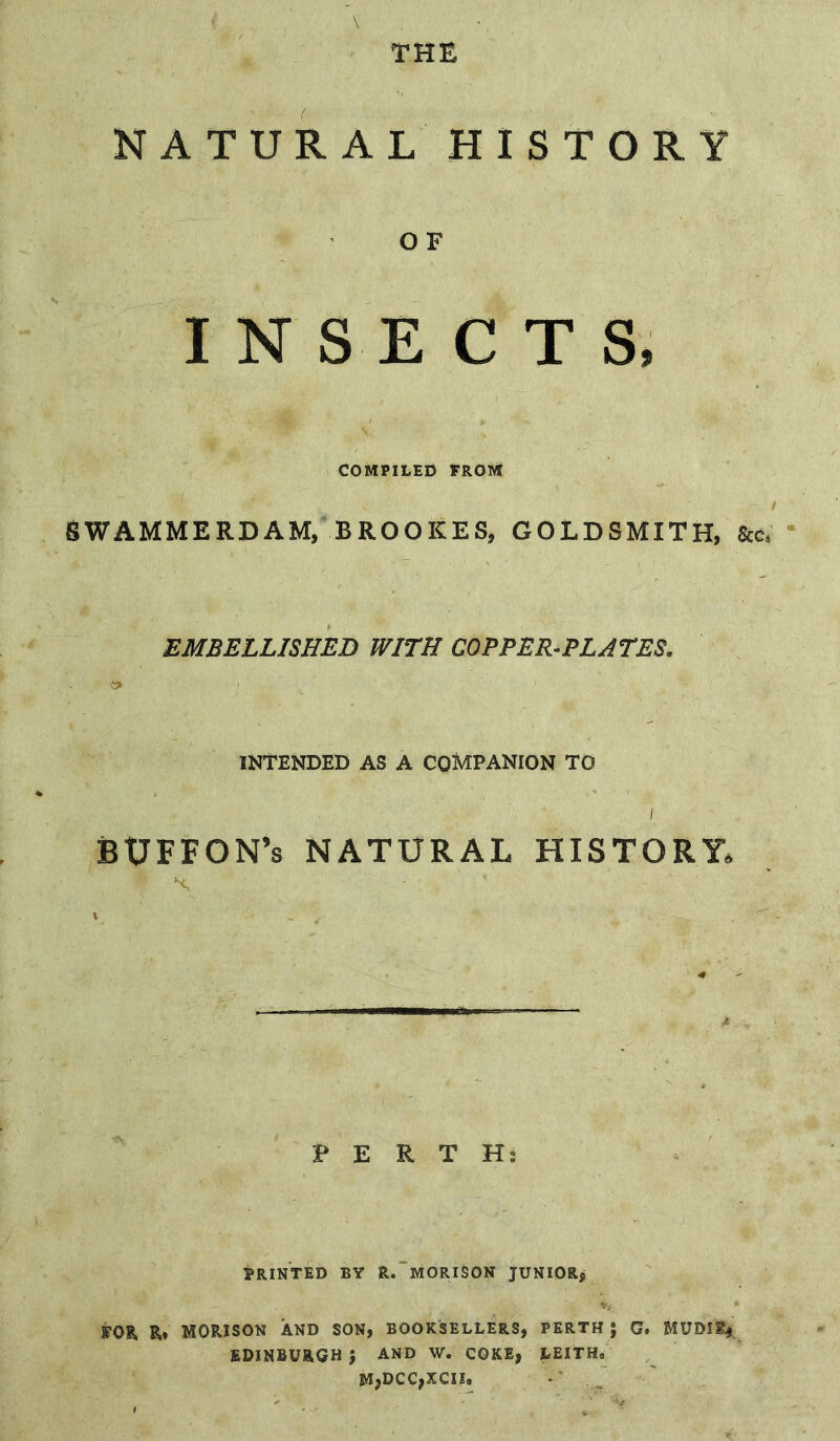 THE NATURALHISTORY O F INSECTS, COMPILED EROM SWAMMERDAM, BROOKES, GOLDSMITH, EMBELLISHED WITH COPPER^PLATES. INTENDED AS A COMPANION TO BUFFON’s NATURAL HISTORY. is PERTH; BRINTED BY R. MORlSON JUNIOR, FOB. R» MORlSON AND SON, BOOKSELLERS, PERTH J EDINBURGH J AND W. COKE, LEITHs m,dcc,xcii. G. MUDI%