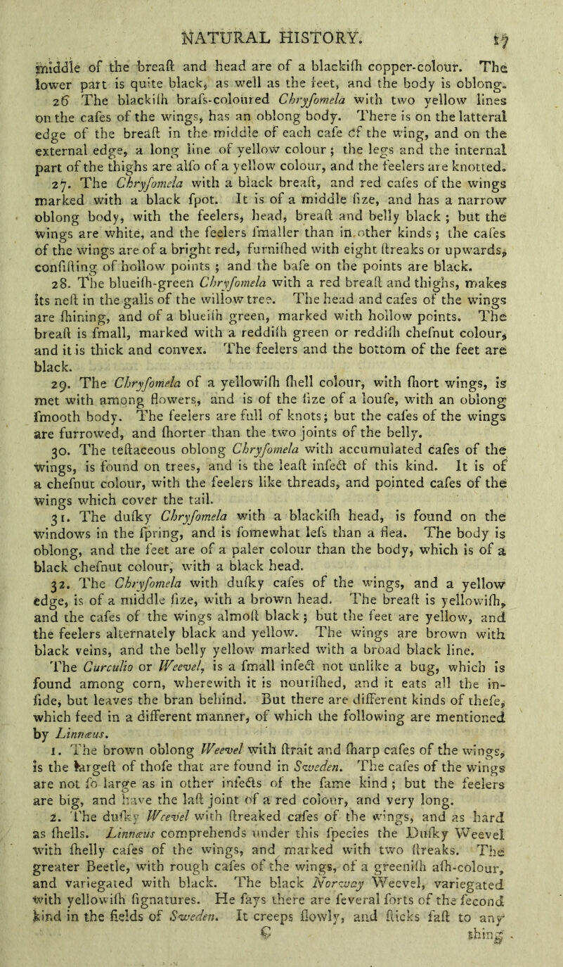 jmiddie of the hreaft and head are of a blackifh copper-colour. The lower part is quite black, as well as the feet, and the body is oblong. 26 The blackilh brafs-coloured Chryfomela with two yellow lines on the cafes of the wings, has an oblong body. There is on thelatteral edge of the breaft in the middle of each cafe df the wdng, and on the external edge, a long line of yellowr colour; the legs and the internal part of the thighs are alfo of a yellow colour, and the feelers are knotted. 27. The Chryfomela with a black breaft, and red cafes of the wings marked with a black fpot. It is of a middle fize, and has a narrow oblong body, with the feelers, head, breaft and belly black ; but the wings are white, and the feelers fmaller than in.other kinds; the cafes of the wings are of a bright red, furnifhed with eight ftreaks or upwards^ confifting of hollow points ; and the bafe on the points are black. 28. The blueifh-green Chryfomela with a red breaft and thighs, makes its neft in the galls of the willow tree. The head and cafes of the wings are fhining, and of a blueiih green, marked with hollow points. The breaft is fmall, marked with a reddilh green or reddifli chefnut colour^ and it is thick and convex. The feelers and the bottom of the feet are black. 29. The Chryfomela of a yellowifh fhell colour, with fhort wings, is met with among flowers, and is of the lize of a loufe, with an oblong fmooth body. The feelers are full of knots; but the cafes of the wings are furrowed, and fliorter than the two joints of the belly. 30. The teftaceous oblong Chryfomela with accumulated cafes of the wings, is found on trees, and is the leaft infect of this kind. It is of a chefnUt colour, with the feelers like threads, and pointed cafes of the wings which cover the tail. 31. The duiky Chryfomela with a blackilh head, is found on the windows in the fpring, and is fomewhat lefs than a flea. The body is oblong, and the feet are of a paler colour than the body, which is of a black chefnut colour, with a black head. 32. The Chryfomela with duiky cafes of the wdngs, and a yellow edge, is of a middle fize, with a brown head. The breaft is yellowilhj and the cafes of the wings almoft black; but the feet are yellow, and the feelers alternately black and yellow. The wings are brown with black veins, and the belly yellow marked with a broad black line. The Gurculio or Wee^el, is a fmall infect not unlike a bug, which is found among corn, wherewith it is nourilhed, and it eats all the in- fide, but leaves the bran behind. But there are different kinds of thefe, which feed in a different manner, of which the following are mentioned by Linneeus. 1. The brown oblong Wee’vel with ftrait and lharp cafes of the wings, Is the kirgeft of thofe that are found in S<weden, The cafes of the wings are not fo large as in other infe<fts of the fame kind ; but the feelers are big, and have the laft joint of a red colour, and very long. 2. 'i'he dufky Wcevel with ftreaked cafes of the wings, and as hard as fhells. Linneeus comprehends under this fpecies the Dufky Weevel with fhelly cafes of the wings, and marked with two ftreaks. The greater Beetle, with rough cafes of tfie wings, of a greenifh afli-colour, and variegated with black. The black Norzuay Weevel, variegated with yellowifh fignatures. He fays there are feveral forts of thefecond kind in the fields of S<weden. It creeps flowly, and flicks faft to any- C thing .