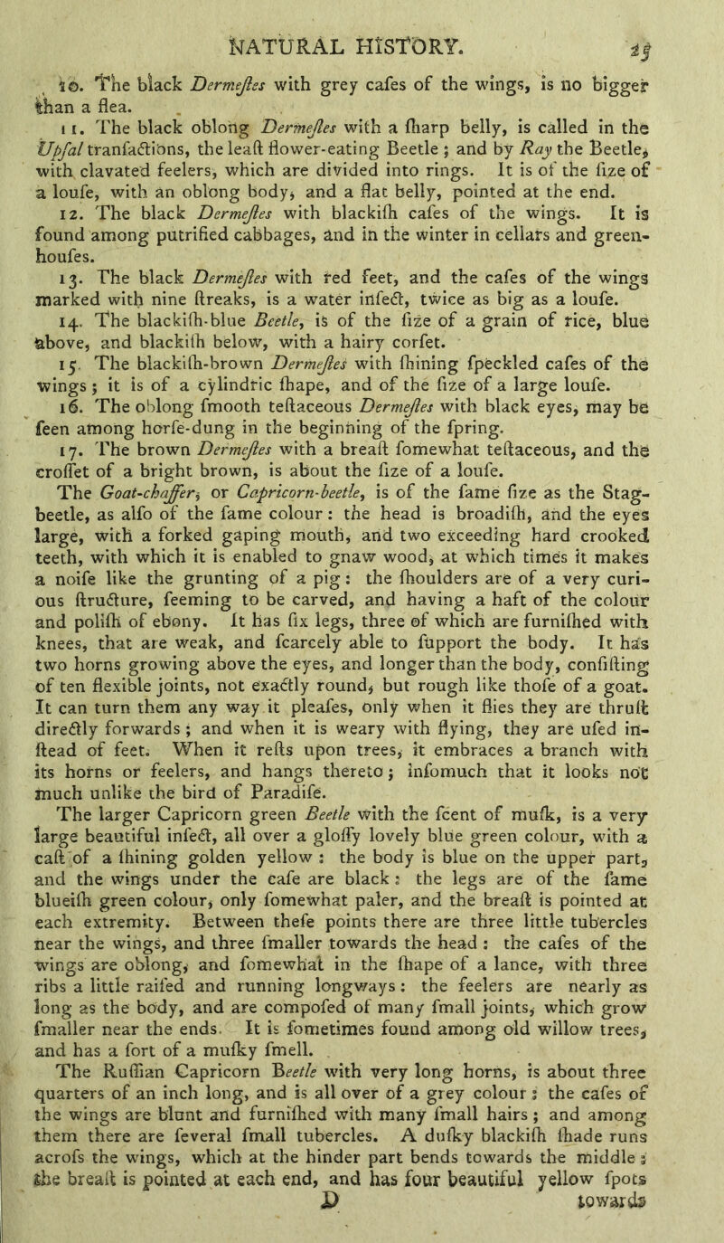 s©. The black Dermejles with grey cafes of the wings, is no bigger than a flea. 11. The black oblong Dermejles with a fharp belly, is called in the Upfal tranfaftions, the leaft flower-eating Beetle ; and by Ray the Beetle^ with clavated feelers, which are divided into rings. It is of the fize of a loiife, with an oblong body^ and a flat belly, pointed at the end. 12. The black Dermejles with blackifh cafes of the wings. It is found among putrified cabbages, and in the winter in cellars and green- houfes. 13. The black Dermejles with fed feet, and the cafes of the wings marked with nine ftreaks, is a water infedt, twice as big as a loufe. 14. The blackifh-blue Beetle, is of the fize of a grain of rice, blue above, and blackifli below, with a hairy corfet. 15. The blacklth-brown Dermejles with Alining fpeckled cafes of the wings ; it is of a cylindric thape, and of the fize of a large loufe. 16. The oblong fmooth teftaceous Dermejles with black eyes, may be feen among horfe-dung in the beginning of the fpring. 17. The brown Dermejles with a breaft fomewhat teftaceous, and the croftet of a bright brown, is about the fize of a loufe. The Goat-chaffer^ or Capricorn-beetle, is of the fame fize as the Stag- beetle, as alfo of the fame colour: the head is broadifti, and the eyes large, with a forked gaping mouthy and two exceeding hard crooked teeth, with which it is enabled to gnaw wood, at which times it makes a noife like the grunting of a pig; the flioulders are of a very curi- ous ftru6lure, feeming to be carved, and having a haft of the colour and polifti of ebony. It has fix legs, three of which are furniAied with knees, that are weak, and fcareely able to fupport the body. It ha's two horns growing above the eyes, and longer than the body, confifting of ten flexible joints, not exactly rounds but rough like thofe of a goat. It can turn them any way it pleafes, only when it flies they are thruft directly forwards ; and when it is weary with flying, they are ufed in- ftead of feet; When it refts upon trees, it embraces a branch with its horns or feelers, and hangs thereto j infomuch that it looks not much unlike the bird of Paradife. The larger Capricorn green Beetle with the fcent of mufk, is a very large beautiful infect, all over a gloffy lovely blue green colour, with a caft of a Alining golden yellow : the body is blue on the upper partj and the wings under the cafe are black : the legs are of the famei blueilh green colour^ only fomewhat paler, and the breaft is pointed ac each extremkyi Between thefe points there are three little tubercles near the wings, and three fmaller towards the head ; the cafes of the wings are oblong, and fomewhal in the Aiape of a lance, with three ribs a little raifed and running longways: the feelers are nearly as long as the body, and are compofed of many fmall joints, which grow fmaller near the ends. It is fometimes found among old willow trees^ and has a fort of a muft:y fmell. The Ruffian Capricorn Bf-f/Z? with very long horns, is about three quarters of an inch long, and is all over of a grey colour j the cafes of the wings are blunt and furniflied with many fmall hairs; and among them there are feveral fmall tubercles. A dulky blackifli ffiade runs acrofs the wdngs, which at the hinder part bends towards the middle 5 she breaft is pointed at each end, and has four beautiful yellow fpots P towards