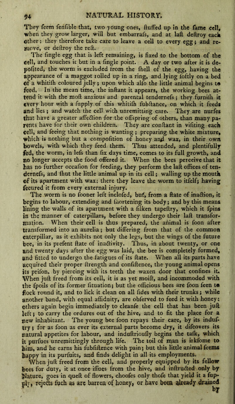 They Teem fenfible that, two young ones, ftufFed up in the lame cell, when they grow larger, will but embarrafs, and at laft deftroy eack ©ther; they therefore take care to leave a cell to every egg; and re- jnove, or deftroy the reft. The fingle egg that is left remaining, is fixed to the bottom of the cell, and touches ic but in a fingle point. A day or two after it is de- pofited, the worm is excluded from the fhell of the egg, having the gppearance of a maggot i oiled up in a ring, and lying Ibftly on a bed ©f a whitifti coloured jelly; upon which alfo the little animal begins t« feed, In the mean time, the inftant it appears, the working bees at- tend it with the moft anxious and parental tendernefs; they furnifti it every hour with a fupply of this whitifti fubftance, on which it feeds and lies ; and watch the cell with unremitting care. They are nurfes that have a greater affection for the offspring of others, than many pa- rents have for their own children. They are conftant in vifiting each celli and feeing that nothing is wanting ; preparing the white mixture, which is nothing but a compofition of honey an4 wax, in their own bowels, with which they feed them. Thus attended, and plentifully fed, the worm, in lefs than fix days time, comes to its full growth, and no longer accepts the food offered it. When the bees perceive that it has no further occafion for feeding, they perform the laft offices of ten- dernefs, and Ihut the little animal up in its cell; walling up the moutk ©f its apartment with wax; there they leave the worm to itfelf; having fecured it from every external injury. The worm is no fooner left inclofed, buf, from a ftate of inaflion, it begins to labour, extending and fiiortening its body; and by this means lining the walls of its apartment with a filken tapeftry, which it fpins in the manner of caterpillars, before they undergo their laft transfor- mation. When their cell is thus prepared, the animal is foon after transformed into an aurelia; but differing from that of the common caterpillar, as it exhibits not only the legs, but the wings of the future bee, in its prefent ftate of inactivity. Thus, in about twenty, or one and twenty days after the egg was laid, the bee is completely formed, and fitted to undergo, the fatigues of its ftate. When all its parts have acquired their proper ftrength and confiftence, the young animal opens its prifon, by piercing with its teeth the waxen door that confines iu When juft freed from its cell, it is as yet moift, and incommoded with the fpoils of its former fituation; but the officious bees are foon feen te flock round it, and to lick it clean on all fides with their trunks; while another band, with equal affiduity, are obferved to feed it with honey; Others again begin immediately to cleanfe the cell that has been juft left j to carry the ordures out of the hive, and to fit the place for a new inhabitant. The young bee foon repays their care, by its induf- try; for as foon as ever its external parts become dry, it difcovers its natural appetites for labour, and induftrioufly begins the talk, which it purfues unremittingly through life. The toil of man is irkfome to biro, and he earns his fubfiftence with pain j but this little animal feems bappy in its purfuits, and finds delight in all its employments. When juft freed from the cell, and properly equipped by its fellow bees for duty, it at once iffues from the hive, and inftrudled only by Nature, goes in queft of flowers, choofes only thofe that yield it a fup- yly, rejects fuch as are barren of honey, or have been already drained