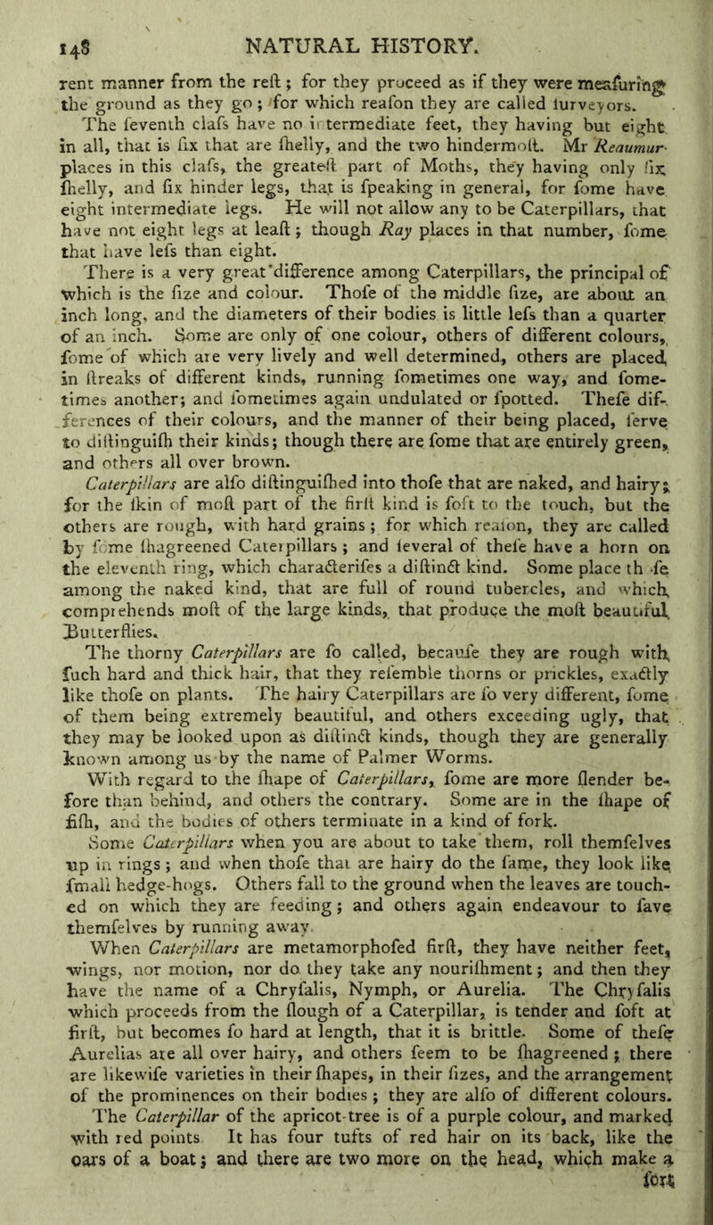 rent manner from the reft j for they proceed as if they were meafuringf the ground as they go ; -for which reafon they are called iurveyors. The feventh ciafs have no ii terraediate feet, they having but eight, in all, that is fix that are ftielly, and the two hindermoft. Mr Reaumur- places in this ciafs,. the greateft part of Moths, they having only fhelly, and fix hinder legs, that is fpeaking in general, for fome have eight intermediate legs. He will not allow any to be Caterpillars, chat have not eight legs at leaft j though Ray places in that number, fome that have lefs than eight. There is a very great‘difFerence among Caterpillars, the principal of’ which is the fize and colour. Thofe of the middle fize, are about an inch long, and the diameters of their bodies is little lefs than a quarter of an inch, d^me are only of one colour, others of different colours,, fome of which are very lively and well determined,, others are placed in ftreaks of different kinds, running foraetimes one way, and fome- times another; and fometimes again undulated or fpotted. Thefe dif-. Terences of their colours, and the manner of their being placed, ferve to diftinguifti their kinds; though there are fome that are entirely green,, and others all over brown. Caterpillar^ are alfo diftinguiftied into thofe that are naked, and hairy; for the Ikin of moft part of the firlt kind is foft to the touch, but the others are rough, with hard grains; for which realon, they are called by fome lhagreened Caterpillars ; and leveral of thefe have a horn on the eleventh ring, which charafterifes a diftindl kind. Some place th fe among the naked kind, that are full of round tubercles, and which, comprehends moft of the large kinds, that produce the moft beaudfuf Tuiterflies. The thorny Caterpillars are fo called, becaufe they are rough with, fuch hard and thick hair, that they refemble thorns or prickles, exadly like thofe on plants. The hairy Caterpillars are fo very different, fome of them being extremely beautiful, and others exceeding ugly, that they may be looked upon as diftin(ft kinds, though they are generally known among us by the name of Palmer Worms. With regard to the ftiape of Caterpillars^ fome are more {lender be- fore than behind, and others the contrary. Some are in the ftiape of fifh, and the bodies of others terminate in a kind of fork. Some Caterpillars when you are about to take them, roll themfelves up in rings; and when thofe that are hairy do the fame, they look lik^ fmaii hedge-hogs. Others fall to the ground when the leaves are touch- ed on which they are feeding; and others again endeavour to fave themfelves by running away, When Caterpillars are metamorphofed 6rft, they have neither feet, wings, nor motion, noj do. they take any nourilhment; and then they have the name of a Chryfalis, Nymph, or Aurelia. The Chtyfali^ which proceeds from the flough of a Caterpillar, is tender and foft at ffrft, but becomes fo hard at length, that it is brittle. Some of thefe Aurelias are all over hairy, and others feem to be fliagreened ; there are likewife varieties in their fhapes, in their fizes, and the arrangement; of the prominences on their bodies ; they are alfo of difterent colours. The Caterpillar of the apricot-tree is of a purple colour, and marke4 with red points It has four tufts of red hair on its back, like the oars of a boat 5 and there are two more on tbQ head, which make a