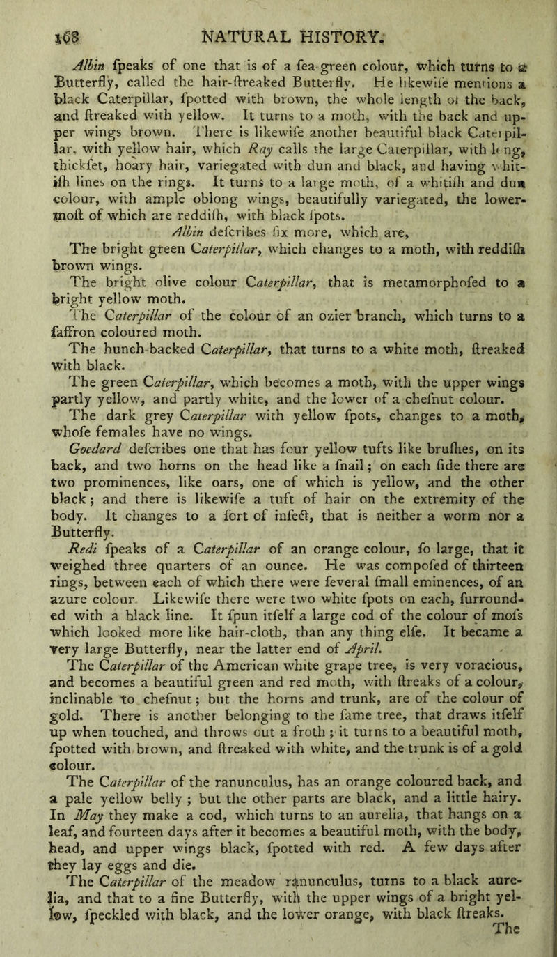 Alhin fpeaks of one that is of a fea green colour, which turns to a Butterfly, called the hair-ftreaked Butterfly. He likewiie mentions a black Caterpillar, fpotted with brown, the whole length ol the back, and ftreaked with yellow. It turns to a moth, with the back and up- per wings brown. I'here is likewife another beautiful black Caterpil- lar. with yellow hair, which Ray calls the large Caterpillar, with 1< ng, thickfet, hoary hair, variegated with dun and black, and having v hit- ilh lines on the rings. It turns to a large moth, of a whitifli and dun colour, with ample oblong wings, beautifully variegated, the lower- mofl of w^hich are reddilh, with black Ipots. Albin defcribes fix more, which are. The bright green Caterpillary which changes to a moth, with reddilh brown wings. The bright olive colour QaterplUary that is metamorphofed to % bright yellow moth. The Caterpillar of the colour of an ozier branch, which turns to a falFron coloured moth. The hunch backed Caterpillary that turns to a white moth, ftreaked with black. The green Caterpillary which becomes a moth, with the upper wings partly yellow, and partly white, and the lower of a chefnut colour. The dark grey Caterpillar with yellow fpots, changes to a moth, whofe females have no wings. Goedard defcribes one that has four yellow tufts like brufties, on its back, and two horns on the head like a fnail; on each fide there are two prominences, like oars, one of w’hich is yellow, and the other black; and there is likewife a tuft of hair on the extremity of the body. It changes to a fort of infe<ft, that is neither a worm nor a Butterfly. Redi fpeaks of a Caterpillar of an orange colour, fo large, that it weighed three quarters of an ounce. He was compofed of thirteen rings, between each of which there were feveral fmall eminences, of an azure colour Likewife there were two white fpots on each, furround- ed with a black line. It fpun itfelf a large cod of the colour pf mofs which looked more like hair-cloth, than any thing elfe. It became a very large Butterfly, near the latter end of April. The Caterpillar of the American white grape tree, is very voracious, and becomes a beautiful green and red moth, with ftreaks of a colour, inclinable to chefnut; but the horns and trunk, are of the colour of gold. There is another belonging to the fame tree, that draws itfelf up when touched, and throws cut a froth ; it turns to a beautiful moth, fpotted with brown, and ftreaked with white, and the trunk is of a gold «olour. The Caterpillar of the ranunculus, has an orange coloured back, and a pale yellow belly ; but the other parts are black, and a little hairy. In May they make a cod, which turns to an aurelia, that hangs on a leaf, and fourteen days after it becomes a beautiful moth, with the body, head, and upper wings black, fpotted with red. A few days after tiiey lay eggs and die. The Caterpillar of the meadow rJlinunculus, turns to a black aure- Jia, and that to a fine Butterfly, witl\ the upper wings of a bright yel- low, fpeckled v/ith black, and the loV/er orange, with black ftreaks.