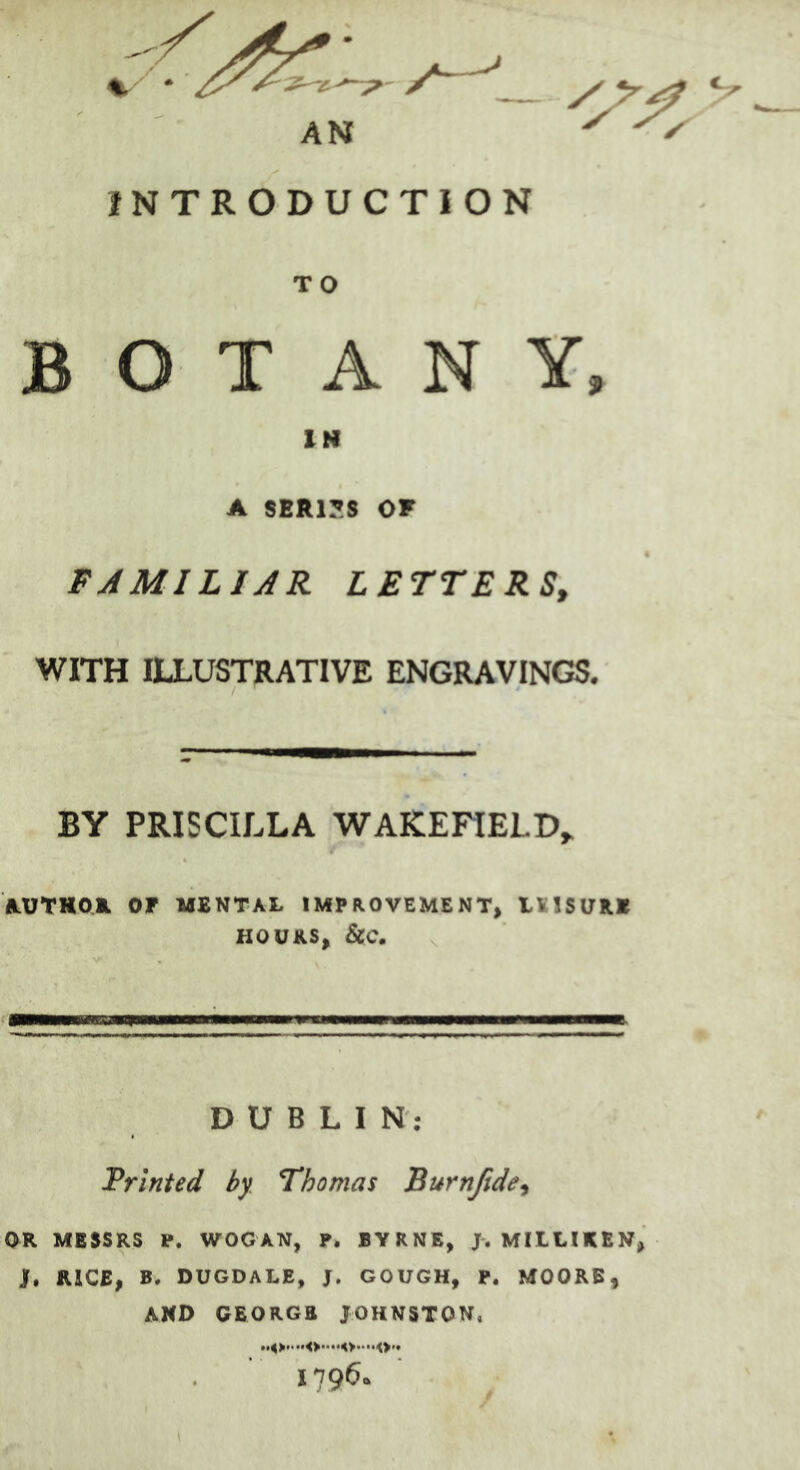 AN INTRODUCTION BOTANY, IN A SERIES or FAMILIAR LETTERS, WITH ILLUSTRATIVE ENGRAVINGS. BY PRISCILLA WAKEFIELD* AUTHOR OF MENTAL IMPROVEMENT, LU3UR.K HOURS, &C. Hmnra DUBLIN; Printed by Thomas Burnfide, OR MESSRS P. WOGAN, P. BYRNE, J. MILLIKEN, I. RICE, B. DUGDALE, J. GOUGH, P. MOORE, AND GEORGS JOHNSTON, ..<>••••<> ••••«>—<>• 1796.