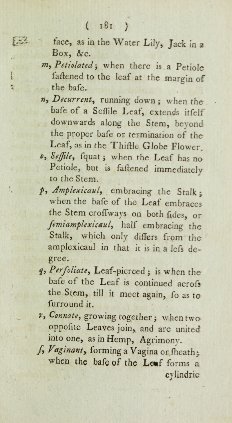 face, as in the Water Lily, Jack in a Box, &c. m, P etiolated \ when there is a Petiole fattened to the leaf at the margin of the bafe. n, Decurrent, running down ; when the bafe of a Seflile Leaf, extends itfelf downwards along the Stem, beyond the proper bafe or termination of the Leaf, as in the Thiftle Globe Flower. 0, SeJJile, fquat > when the Leaf has no Petiole, but is fattened immediately to the Stem. />, Amplexicaul, embracing the Stalk; when the bafe of the Leaf embraces the Stem croffways on both ttdes, or Jemiamplexicaul, half embracing the Stalk, which only differs from the amplexicaul in that it is in a lefs de- gree. g, Perfoliate, Leaf-pierced ; is when the bafe of the Leaf is continued acrofs the Stern, till it meet again, fo as to furround it. Connate, growing together -9 when two oppofite Leaves join, and are united into one, as in Hemp, Agrimony. /, Vaginant, forming a Vagina or /heath; when the bafe of the Le*f forms a cylindric