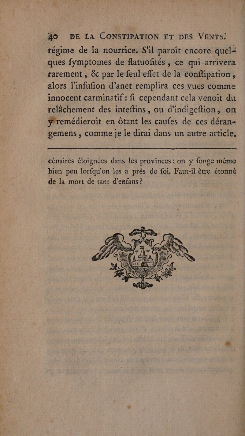 4® DE LA CONSTIPATION ET DES VENTS: régime de la nourrice. S'il paroit encore quel&lt; ques fymptomes de flatuofités , ce qui arrivera rarement , &amp; par le feul effet de la conffipation, alors linfufion d’anet remplira ces vues comme innocent carminatif : fi cependant cela venoit du relâchement des inteftins, ou d’indigeftion, on ¥ remédieroit en Ôtant les caufes de ces déran- gemens , comme je le dirai dans un autre article. cénaires éloignées dans les provinces: on y fonge mème bien peu lorfqu’on les a près de foi, Faut-il être étonné de la mort de tant d'enfans ?
