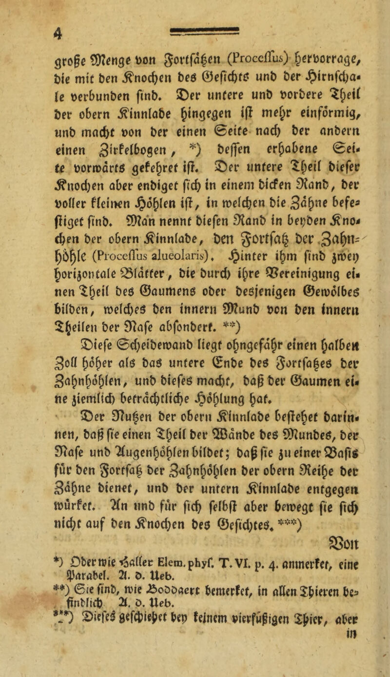 große Sflenge hon gortfdfen (Proccflus) fperborrage, bie mit Den ^noc^eit beö ©efic^fd unt> ber $irnfdja- U perbunben finb. ©er untere unb horbere $f)ei( ber obern iftnnlabe hingegen ifl me(jr einförmig, unb mad)t pon ber einen ©eite nad) ber anberrt einen S^Pelbogen, *) beffen erhabene ©ei- te borrodrfö gefefjret tff« ©er untere £f)ed biefer •ffnodjen ober enbiget ftcf> in einem biefen $anb, bet* hofier flcinen Jpof)len ifT, in welchen bie befe* füget finb. 9)?an nennt biefen Stanb in bet;ben Kno- chen ber obern $innlabe, bett ^Ottfa^ ber fjfrfjlc (ProcefTus alueolaris), Jpinter ifjrn finb $mep borijoutole SSIdtfer, bie burd) i£re Bereinigung ei- nen Sfjeil &eö ©aumens ober beßjenigen ©ewolbeö bilben, wefdjes ben inner» SfWunb bon ben innem feilen ber 9?afe abfonberf. *♦) ©iefe ©djeibewanb liegt o£ngefd§r einen falben 3ofl f)oI)er alö baö untere ©nbe beö 3ortfa|eö ber 3a$n$ä((en, unb biefes marf)f, baß ber ©aumen ei- ne jiemltd) 6efrdd^tlicf)e Jpofjlung £af, ©er 9ftu£en ber ober» ^innfobe befielet barin- nen, baß fte einen $f;eif ber 3ßanbe beö Sittunbeö, ber Stfafe unb 2(ugenf)df)fen bifbet; baß fte ju einer Bafiö für ben §ortfa| ber 3^&nf;ob(en ber obern SKeifie ber 3dbne bienet, unb ber unfern ^innfabe entgegen würfet. 2(n unb für fid) fefbfl aber bewegt fte ftdj nidjc auf ben ^nod;en beö ©efid;teö* ***) 5>0It *) Dber wie galtet Elem.phyf. T.VI. p. 4. amnerfer, eine fpnrabct. 21. ö. Heb. **) (Bie finb, wie ÄoDöaert bewerfet, in atfen ©biefen be^ finMieb 21. *>• Ueb. *!*) ©iefe* gefcbiejjet &ep feinem vierfüßtgen 2£icr, aber in