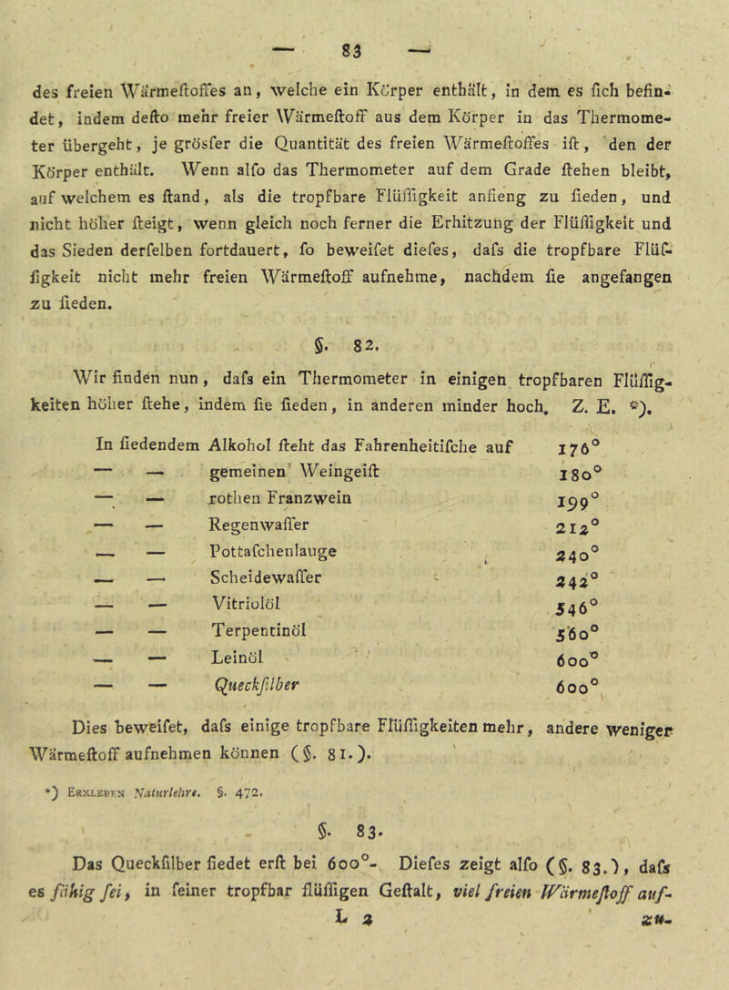 det, indem defto mehr freier WärmeftofF aus dem Körper in das Thermome- ter übergeht, je grösfer die Quantität des freien WärmeftofFes ift, 'den der Körper enthält. Wenn aifo das Thermometer auf dem Grade flehen bleibt, auf welchem es fland, als die tropfbare Flüffigkeit anfieng zu Heden, und nicht höher fteigt, wenn gleich noch ferner die Erhitzung der Flüffigkeit und das Sieden derfelben fortdauert, fo beweifet diefes, dafs die tropfbare FlüC- figkeit nicht mehr freien Warmefloff aufnehme, nachdem fie angefangen zu Heden. §. 82. I' Wir finden nun, dafs ein Thermometer in einigen tropfbaren Flüffig- keiten höher flehe, indem He Heden, in anderen minder hoch, . Z. E. In fiedendem Alkohol fleht das Fahrenheitifche auf 176° — — gemeinen’ Weingeift I8o° — — rothen Franzwein 199' — — RegenwaHer 2lz° — — Pottafchenlauge , 240° >— — ScheidewaHer ' 242° — — Vitriolöl 546° — — Terpentinöl 5*6 0° — — Leinöl 600° — — Clueckßlber 600°, Dies beweifet, dafs einige tropfbare Friiffigkelten mehr, andere weniger Wärmeftoff aufnehmen können (§. 81.). *) Ekxlebf.jj yalurlehrt. §. 472. §. 83- Das Queckfilber Hedet erft bei 6oo°- Diefes zeigt aIfo (§. 83,^, dafs es fähig feit in feiner tropfbar fluffigen Geftalt, viel freien IV'drmefloff avf- L % Ä»-