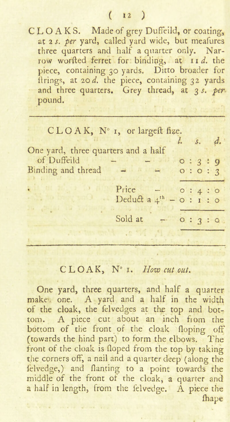 ( *2 ) CLOAKS. Made of grey DufTeild, or coating, at 2 s. per yard, called yard wide, but meafures three quarters and half a quarter only. Nar- row warded ferret for binding, at ii d. the piece, containing 30 yards. Ditto broader for llring'!, at 20 d. the piece, containing 32 yards and three quarters. Grey thread, at 3 s. per- poLind. CLOAK, N“ I, or largeft fl^e. /. s. d. One yard, three quarters and a half of DufFeild - - 0:3:9 Binding and thread - - 0:0:3 * ’ Price - 0:4:0 Dedu£l a 4* - o : i : o Sold at - 0:3:0 I CLOAK, N“ I. How cut oul. One yard, three quarters, and half a quarter make- one. A yard and a half in the width of the cloak, the felvedges at the top and bot- tom. A piece cut about an inch fiom the bottom of the front of the cloak Hoping off (towards the hind part) to form the elbows. The front of the cloak is Hoped from the top by taking the corners off, a nail and a quarter deep (along the felvedge,) and Hanting to a point towards the middle of the front of the cloak, a quarter and a half in length, from the felvedge. A piece the fhape