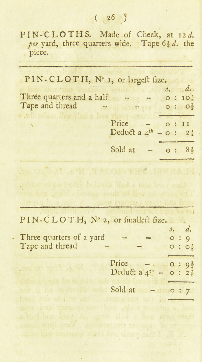 PIN-CLOTHS. Made of Cheek, at iid. per yzxA, three quarters wide. Tape6i^f. the piece. PIN- C L O TH, NM, or largeft fize. j. d. Three quarters and a half - - o ; lo^ Tape and thread - - o : o| Price - o : 11 Dedufl: a 4^’’ - o : 21 Sold at - o : 8f ■ I . - ‘ P I N - C L O T H, N° 2, or fmallefl fize. . s« d* . Three quarters of a yard - - 0:9 Tape and thread - - o ; o| Price - . 0:9! Dedud a 4*'' - o : z| - 0:7