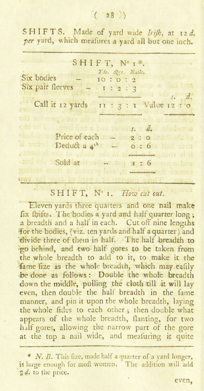 SHIFTS. Made of yard wide Irijh^ at iid. per yard, which meafures a yard all but one inch. SHIFT, N° 1 Yds. Nails, Six bodies — 10:0:2 Six pair fleeves .-1:2:3 .r. d. Call it 12 yards 11:3:1 Value 12:0 s. d. Price of each — 2:0 Dedud: a 4^'' — 0:6 Sold at - 1:6 SHIFT, N° I. cut out. Eleven yards three quarters and one nail make fix (hifcs. The bodies a yard and half quarter long ; a breadth and a half in each. Cutoff nine lengths Tor the bodies, (viz. ten yards and half a quarter) and ‘idivide three of them in half. The half breadth to -go behind, and two half gores to be taken from the whole breadth to add to it, to make it the fame fize as the whole breadth, which may eafily be done as follows : Double the whole breadth dowm the middle, pulling .the cloth till it will lay even, then double the hall breadth in the fame manner, and pin it upon the whole breadth, laying the Vtfhole fides to each other; then double what appears of the v/hole breadth, Hanting, for two half gores, allowing the narrow part of the gore at the top a nail v/ide, and meafuring it quite * N. B. This fize, made half a quarter of a yard longer, is large enough for moil women. The addition will add 5 4, to the price. even,