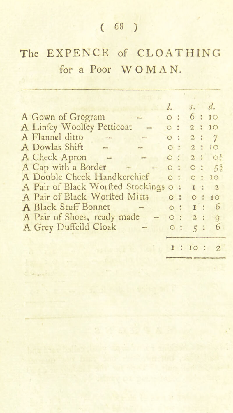 The EXPENCE of CLOATHING for a Poor WOMAN. I A Gown of Grogram - o : A Linfey WooUey Petticoat - o : A Flannel ditto - - o : A Dowlas Shift - - o : A Check Apron - - o : A Cap with a Border - - o : A Double Check Handkerchief o : A Pair of Black Worfted Stockings o : A Pair of Black Worfted Mitts o : A Black Stuff Bonnet - o A Pair of Shoes, ready made - o A Grey Dufteild Cloak - o s. d. 6 ; lo 2 : lo 2 : 7 2:10 0 : 10 1 ; 2 0 : 10 1 : 6 2 ; 9 5 : 6