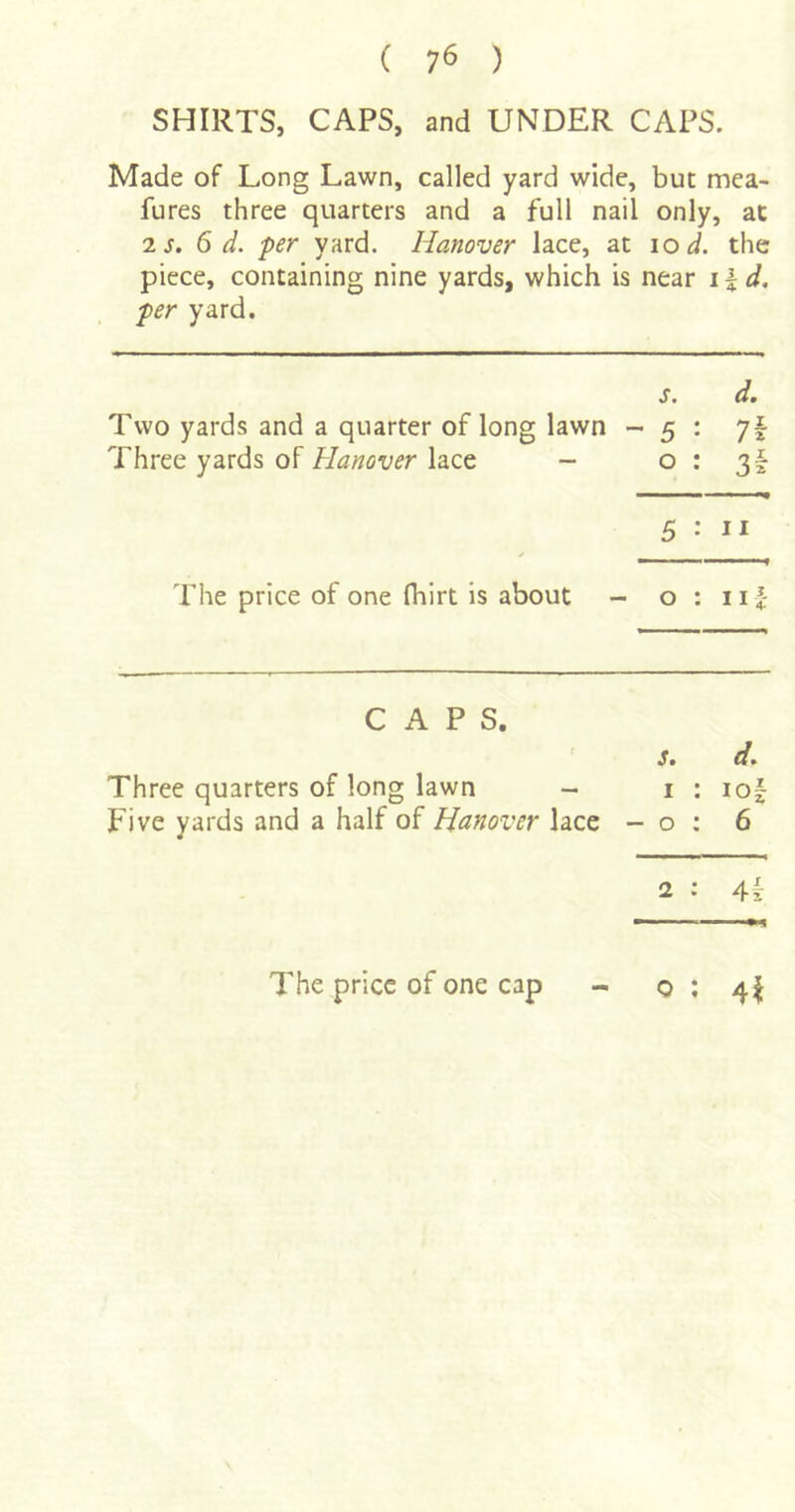 SHIRTS, CAPS, and UNDER CAPS. Made of Long Lawn, called yard wide, but mea- fures three quarters and a full nail only, at 2s. 6 d. per yard. Hanover lace, at lo d. the piece, containing nine yards, which is near i^d, per yard. s. d. Two yards and a quarter of long lawn - 5 : Three yards of Hanover lace - 0:3! The price of one fhirt is about - 5 : II 0 : Ilf- CAPS. r J. d. Three quarters of long lawn - 0 • • Five yards and a half of Hanover lace - 0 : 6 2 : 4 i-