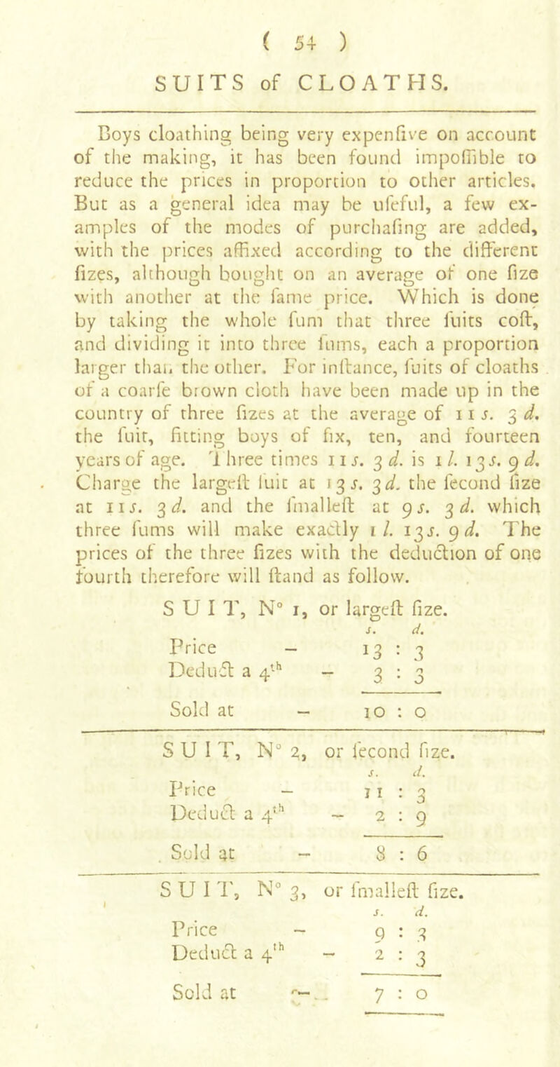 SUITS of CLOATHS. Boys cloathing being very expenfive on account of the making, it has been found impoffible to reduce the prices in proportion to other articles. But as a general idea may be ufeful, a few ex- amples of the modes of purcliafing are added, with the prices affixed according to the different fizes, although bought on an average of one fize with another at the fame price. Which is done by taking the whole fum that three fuits coff, and dividing it into three lums, each a proportion larger than the other. For indance, fuits of deaths of a coarfe brown cloth have been made up in the country of three fizes at the average of 11 j. 5 the fuit, fitting boys of fix, ten, and fourteen years of age. 1 hree times 11 j. 3 is i /. \^s. g d. Charge the larged luit at 13 j. 3^/. the fecond fize at iij. 3 and the fmalled at gs. ^ d. which three dims will make exactly r/. 13 g d. The prices of the three fizes with the deduction of one tourth therefore will dand as follow. SUIT, N° I, or larged fize. s. d. Price - 13 : 3 Deduft a 4*’' - 3:3 Sold at - 10 : o SUIT, N° 2, or fecond fize. S. d. Price - 11:3 Uedutd a 4^’’ - 2:9 Sold at - : 6 S U I T, N° 3, or fmalled fize. J. d. Price - 9:3 Uedud 24'*' - 2:3 Sold at 7:0