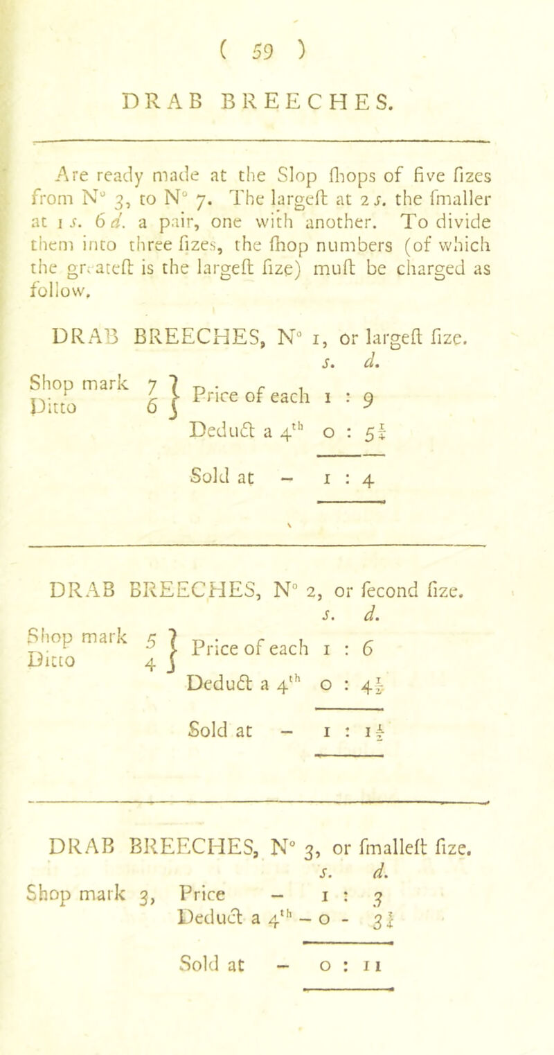 DRAB BREECHES. Are ready made at the Slop fliops of five fizes from N'' 3, to N“ 7. The largefh at 2 s. the fmaller ^ at ij. 6<f. a pair, one with another. To divide them into three fizes, the (hop numbers (of which the grc atefi: is the largeft fize) muft be charged as follow, DRAB BREECHES, i, or largeft fize. s. d. Shop mark 7 7 n • r ^ IS'.. ^ r Erice of each i : 9 Ditto o j ^ Dedufl a 4*'’ o : si Sold at - 1:4 DRAB BREECHES, N° 2, or fecond fize. s. d. Price of each i ; 6 Dcduft 34''’ o : 4|. Sold at - I : IA Shop mark 5 7 Ditto 4 j DRAB BREECHES, N“ 3, or fmalleft fize. s. d. Shop mark 3, Price - i • .? Deducl a 4*'’ - o - 3I Sold at 0:11