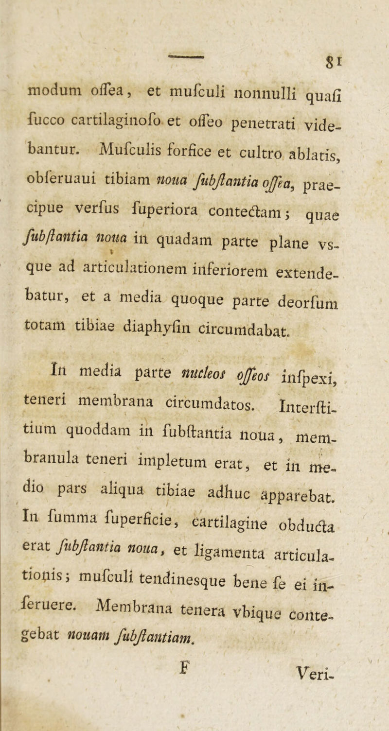 modum ofTea, et mufculi nonnulli quali fucco cartilaginofo et olTeo penetrati vide- bantur. Mufculis forfice et cultro ablatis, obleruaui tibiam nom fubjlantia ojfea, prae- cipue verfus fuperiora contedam; quae fubjiantia nom in quadam parte plane vs- que ad articulationem inferiorem extende- batur, et a media quoque parte deorfum totam tibiae diaphyfin circumdabat. In media parte micteos offeos infpexi, teneri membrana circumdatos. Interfti- tium quoddam in fubftantia noua, mem- branula teneri impletum erat, et in me- dio pars aliqua tibiae adhuc apparebat. In fumma fuperficie, cartilagine obdudla erat fubjlantia nom, et ligamenta articula- tiopis; mufculi tendinesque bene fe ei in- feruere. Membrana tenera vbique conte- gebat nouam fubjlantiam. F Veri- V