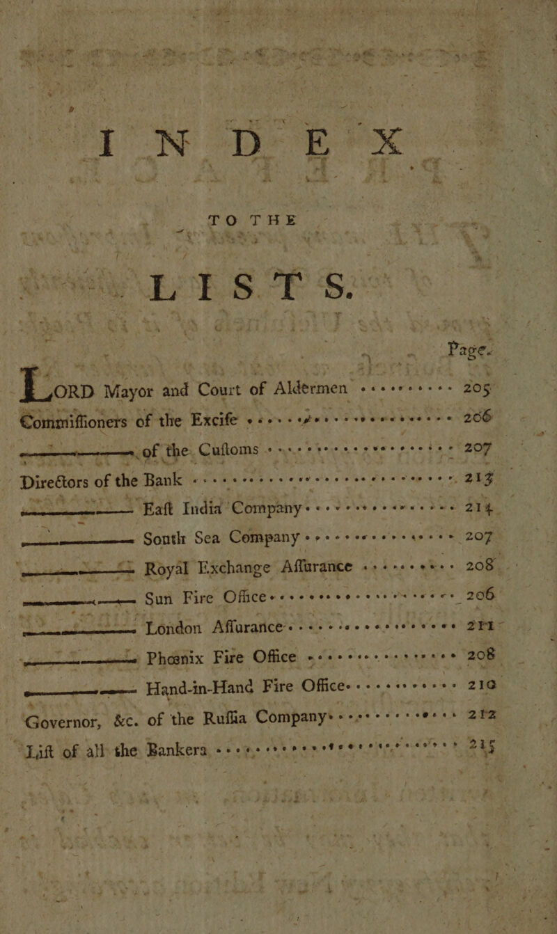 \ edt ie a a ‘ o sy ne or ¢ c es J = , anaes” x . Bi SE fs ee ( “iy etn ops are We = ‘ - * * score le ra Omen S 1 We. 7 . . b f yi > 4. ROS - be? ~ ¥ / 7 . Ue oak es neat P. . - . ba 7 P el AN i - f  ~s = . ‘ me . . e . + &amp; re YY : ae Page Ab * 4 | Licep wv Mayor and Court of Aldermen sc eeweeees 205 €ommiffioners of the Excife eters egeereveeweeeeses 206 mai of the Cufloms + is teeeeceeer estes 207 DireGiors of the Bank a aaa 21g 2S Fatt India Bimebhiys =. Sos sabe be 214 es Sonth Sea Company ppecverecrerigeee 207 pee —S> Royal Exchange Affarance «++-++e%+- 208 : _ 206 ry meee Sun Fire Officesssssreeee ese eres ee eeseeens London Affuratice’s +++ -asceselewees 241 —— Phosnix Fire Office ee oo OA 208 Pema, ME ae Te Hand-in-Hane Fire Office- seecereeces 21G edaaernan &amp;e. of the Ruflia Company: - eee het Litt of all the Bankers seeee vee pee ef@eee eeee oee'o