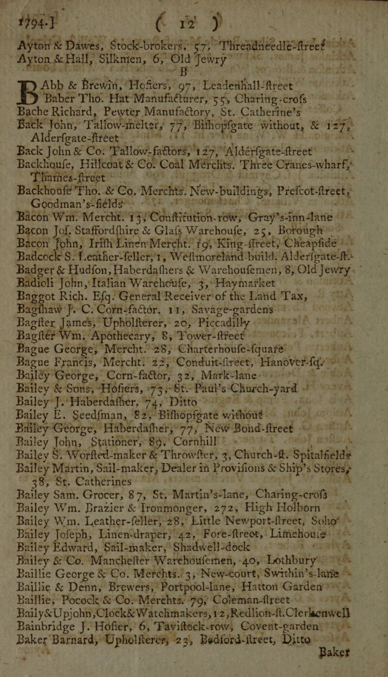 Ayton &amp; ser Stock brokers, neat “Threndaeedle= treet bdr Ayton &amp; Hall, Silknien, 6, ae egies a J iw Abb &amp; Brewin, Hc Bers or Teadentiall: eer “Baber Tho. Hat-Manufactarer, 56, Charittg-crofs ” Bache Richard, Pewter, Manufactory, St. Catherine’s ~ eg Back’ Tohn,’ Tallow-inelter, 17s Bithopigate without, &amp; &amp; 127, Alderfgate- aa eel a OP a. Back John &amp; Co: Fallow. sesh 270 idlacrpateltréct eddies Backhouse, Fillcoat &amp; Cor Coal Miérclits. Aire! C¥anes-wharf, 2 Pfiames-fireet Backhonfé’Fho. &amp; €o. Mcthte. Ne ew- buildings Pieltot feety Goodman’s-fiéldg*. -° (ff sr eftetsn Bacon Wm. Mercht. 133 Conttitution- row; ‘Gray’ nih 6 Bacon of, Staffordfhire &amp; Gla{ {s Warehoufe, 255 Borotgh' Bacon’ f ohn, Irith’LinenMercht: igs King -ftreet) Cheapfide Badcock $-T.eather-feller,’s, Wefmorétand build. Ald ela Badger &amp; Hudfon, Haberdafhers &amp; Warehoufemen, 8; igenpes A + tai John, Italian Warehoufe,’ 3,\ Haymarket . Bast ot Rich. Ef. ‘General Receiver'of the Land Tax, aw feC: Corn-factor, 11,. Savage-gardenis: : fae lice James,” Upholiterer, 20, Piccadilly 5 | Bag her ‘Win. ‘Apothecary, 8; Yower-ftrect | p34 BIG Met Bague George; “Mercht.’ 28) Charterhoufe: (quate! fia eay ague Francis, ‘Mercht: 22; Conduit-fireet, Hanover: pbs a A Bailéy’ George, Corn- factor, 32) Marklane-*+ ae Bailey &amp; Sons; “Hofiers, 735~8t.- Pauls sChucch-yard » Bailey*J.’Haberdafher, 7 745 Drits- 9 siges Bailey E. Seedfman, | 82 Bifhopfgate without Ro Bailey George,’ Haberdather;” phy New Bond- fireet Bailey John, Stationer, 89. Cornhill ° ’ Bailey S. Worfted-maker &amp; Throw fter, tk Church- f. Spitalselde Bailey Martin, Sail- maker, Dealer in Saye gees &amp; Ship’ $ ‘Stores; 405 oe Catherines srs ef A: Bailey Sam. Grocer, 87, St, Martin’ sate Charing-crofg Bailey Wm, Brazier &amp; Tronmonger, 272, High Holborn Bailey Wm. Leather-feller, 28,° Little Newport-{treet, Sohot- Bailey Jofeph, Linen‘draper} 42, Fore-ftreet, Limichouie qa Bailey Edward, Sail-taker,' Shadwell-dock Bailey &amp; Co. Manchefter Warehoufemen, «40, Lothbury’. Baillie George &amp; Co. Merchts./3, New-court, Swithin’ — Ms Baillie &amp; Denn, Brewers). ‘Portpool-lane, Hatton Garden Baillie, Pocock &amp; Co. Merehts. 79, Coleman-fireet su r Baily&amp; Upjohn, Clock&amp; Watchmakers, 12,Redlion-ft. Clerlaenwel} Bainbridge J. Hofier,’ 6, ‘Tavistock. row, Covent-garden 9 “(+ Baker’ Barnard, Upholfterer, 23, Bedford-fireet, Ditto - : Po axes