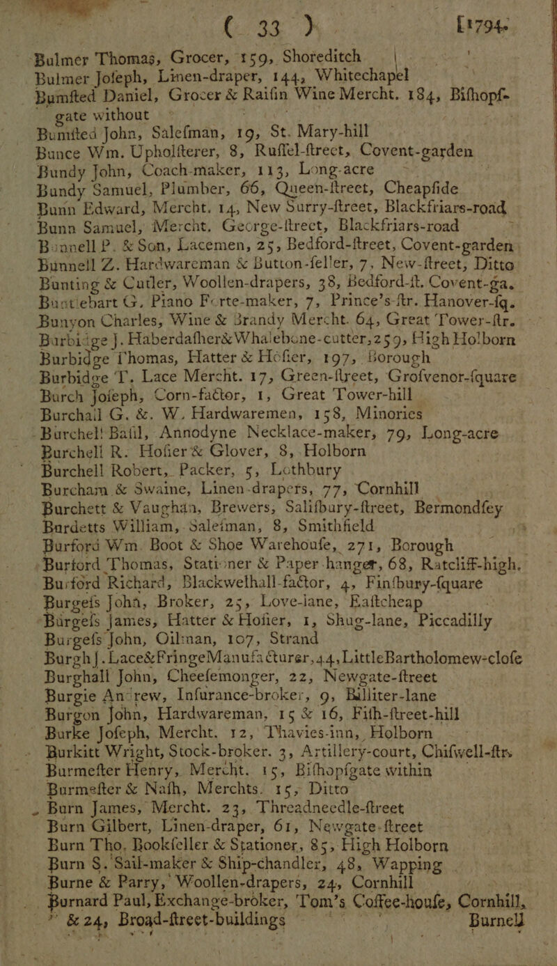aye C32) £1794. - Bulmer Thomas, Grocer, 159, Shoreditch | ie Bulmer Jofeph, Linen-draper, 144, Whitechapel a Bumfted Daniel, Grocer &amp; Raifin Wine Mercht. 184, Bifhopf- ’ gate without © ce Bumited John, Salefman, 1g, St. Mary-hill Bunce Wm. Upholfterer, 8, Ruffel-ftrect, Covent-garden Bundy John, Coach-maker, 113, Long-acre > : | Bundy Samuel, Plumber, 66, Queen-ftreet, Cheapfide | Bunn Edward, Mercht. 14, New Surry-ftreet, Blackfriars-road Bunn Samuel, Mercht. George-itrect, Blackfriars-road Mees. Bunnell P. &amp; Son, Lacemen, 25, Bedford-ftreet, Covent-garden Bunnell Z. Hardwareman &amp; Button-feller, 7, New-ftreet, Ditto Bunting &amp; Catler, Woollen-drapers, 38, Bedford-it, Covent-ga, Bantiebart G. Piano Forte-maker, 7, Prince’s-ftr. Hanover-fq. Bunyon Charles, Wine &amp; 3randy Mercht. 64, Great Tower-fir. -> Burbid 4. Haberdafher&amp; Whalebone-cutter,259, High Holborn Burbidge (homas, Hatter &amp; Hefier, 197, borough Burbidge T. Lace Mercht. IT Green-flreet, Grofvenor-{quare Barch Jofeph, Corn-facter, 1, Great Tower-hill Burchail G. &amp;. W. Hardwaremen, 158, Minories -Burchel! Batil, Annodyne Necklace-maker, 79, Long-acre Burchell R. Hofier&amp; Glover, 8, Holborn Burchell Robert, Packer, 5, Lothbury Burcham.&amp; Swaine, Linen-drapers, 77, Cornhill Burchett &amp; Vaughan, Brewers, Salifbury-ftreet, Bermondfey Bardetts William,.Saleiman, 8, Smithfield Burford Wm. Boot &amp; Shoe Warehoufe, 271, Borough . Burford Thomas, Stationer &amp; Paper-hanger, 68, Ratcliff-high, Burford Richard, Blackwelhall-factor, 4, Finfbury-{quare - Burgeis Joha, Broker, 25, Love-lane, Eaftcheap “Bargefs james, Hatter &amp; Hofier, 1, Shug-lane, Piccadilly Burgefs John, Oilman, 107, Strand Burgh. Lace&amp;FringeManufa turer, 4.4, LittleBartholomew-clofe Burghall John, Cheefemonger, 22, Newgate-ftreet Burgie An-rew, Infurance-broker, 9, Bulliter-lane Burgon John, Hardwareman, 15 &amp; 16, Fith-ftreet-hill ~ Burke Jofeph, Mercht. 12, Twhavies-inn, Holborn - Burkitt Wright, Stock-broker. 3, Artillery-court, Chifwell-ftrs Burmefter Henry, Mercht. 15, Bithopfgate within _ Burmefter &amp; Nath, Merchts. 15, Ditto . Burn James, Mercht. 23, Threadnecdle-ftreet Burn Gilbert, Linen-draper, 61, Newgate-ftreet Burn Tho. Bookfeller &amp; Stationer, 85, High Holborn _ Burn §S. Sail-maker &amp; Ship-chandlex, 48, Wapping . Burne &amp; Parry, Woollen-drapers, 24, Cornhill : _ Bornard Paul, Exchange-broker, Tom’s Coffee-houfe, Cornhill, _” &amp; 24, Broad-ftreet-buildings cabecthy ~ Burnell